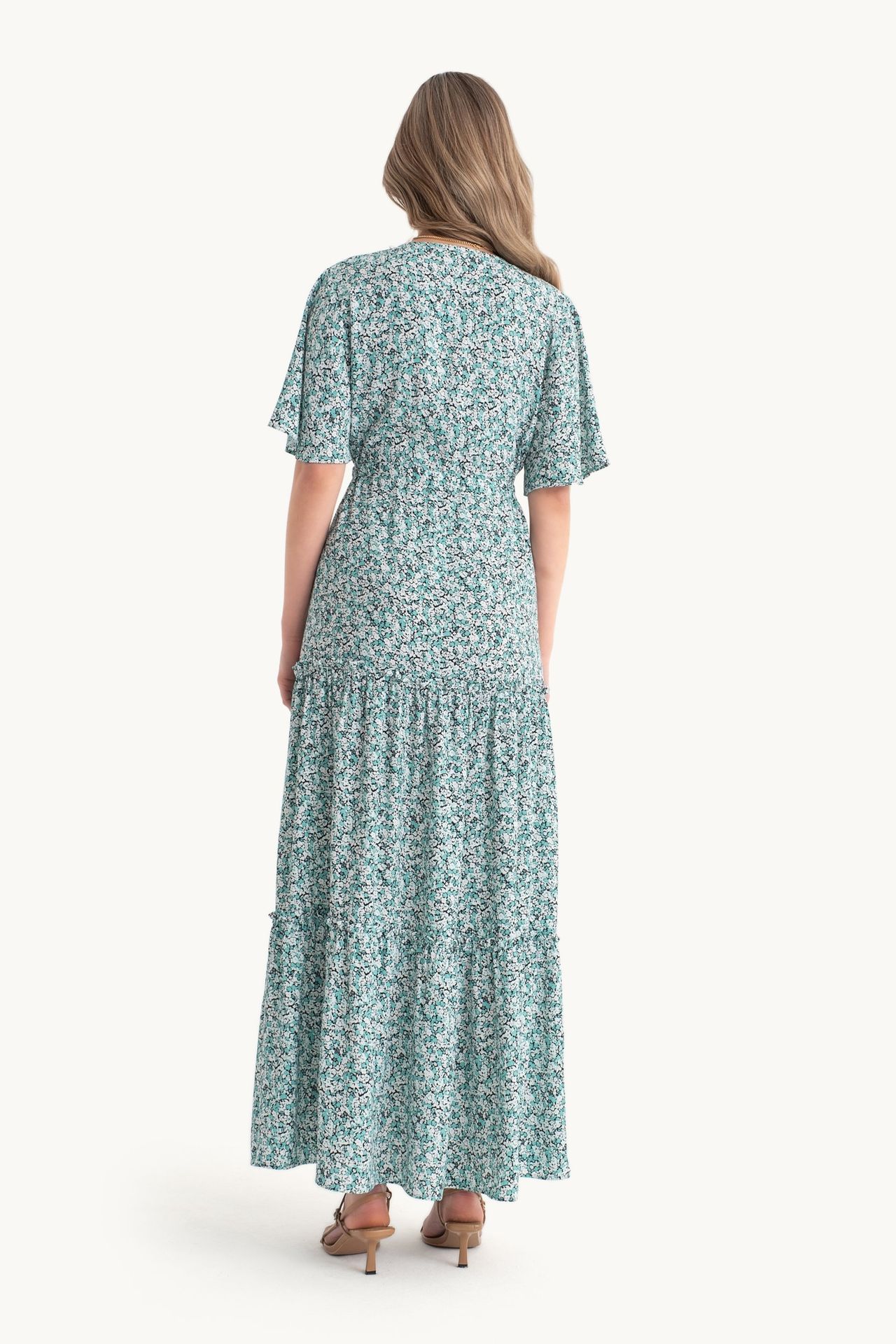 Floral V Neck Tiered Drawstring Short Sleeve Maxi Dress