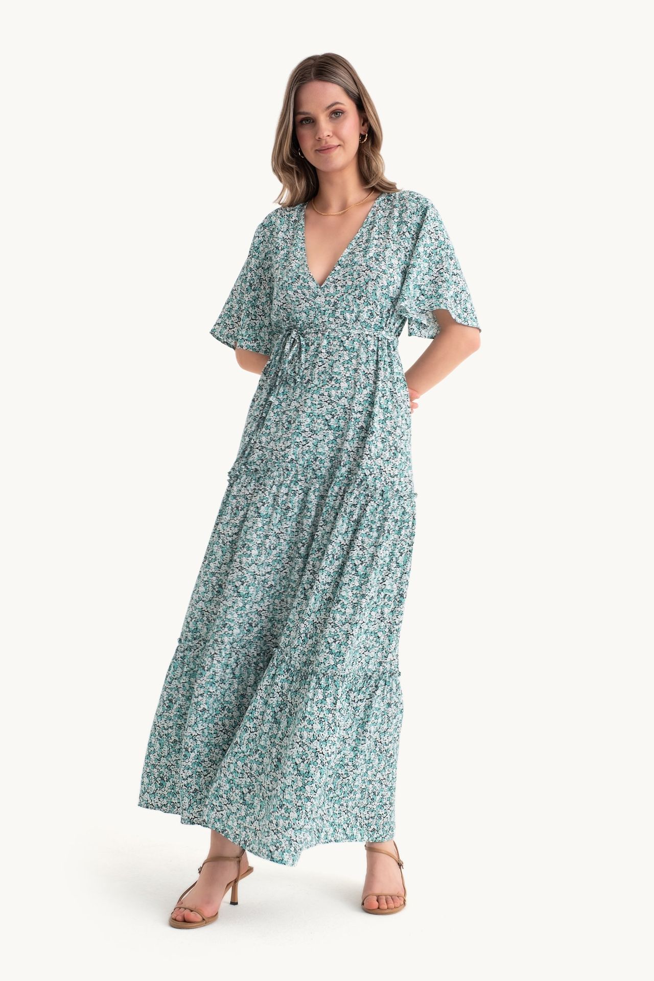 Floral V Neck Tiered Drawstring Short Sleeve Maxi Dress