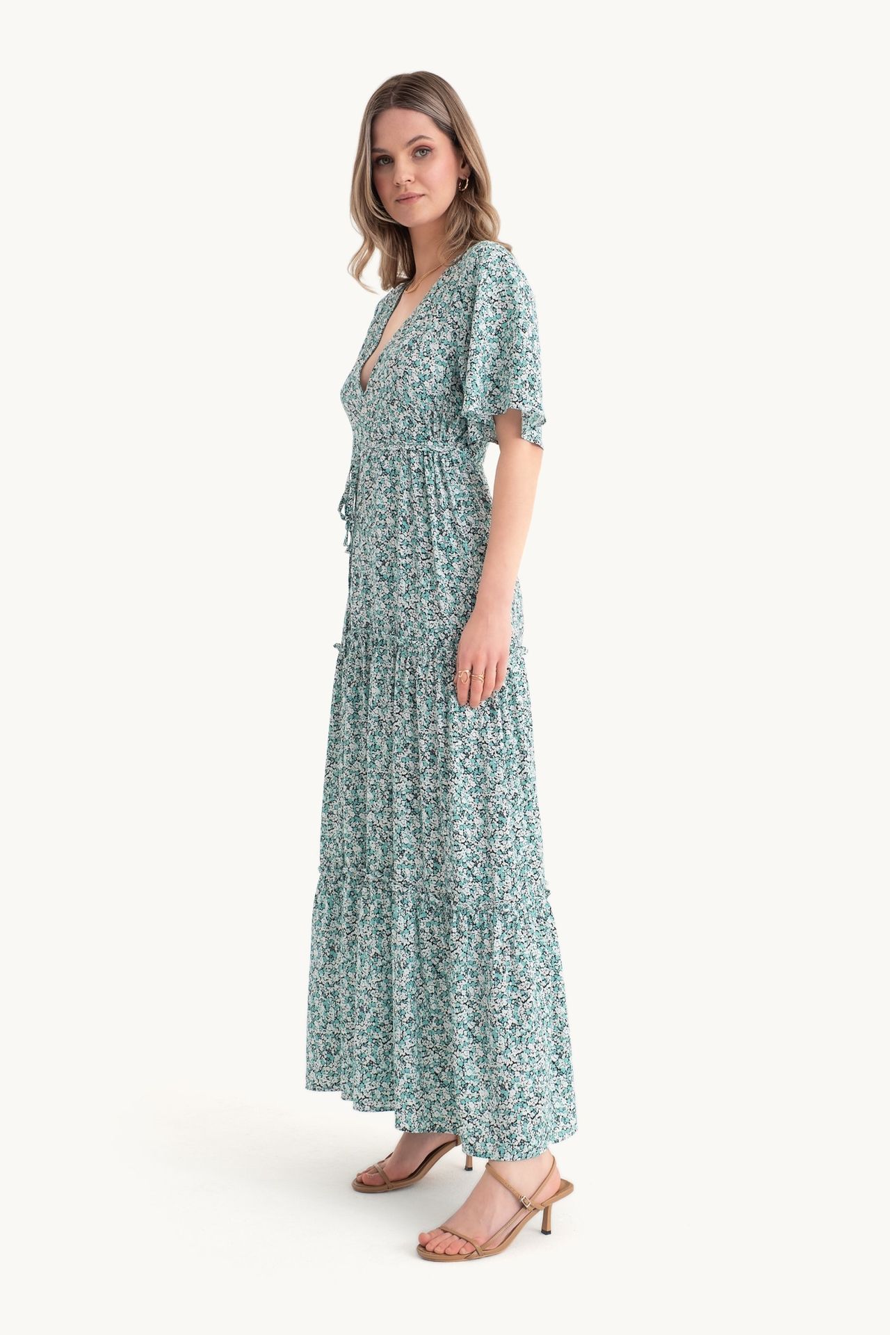Floral V Neck Tiered Drawstring Short Sleeve Maxi Dress