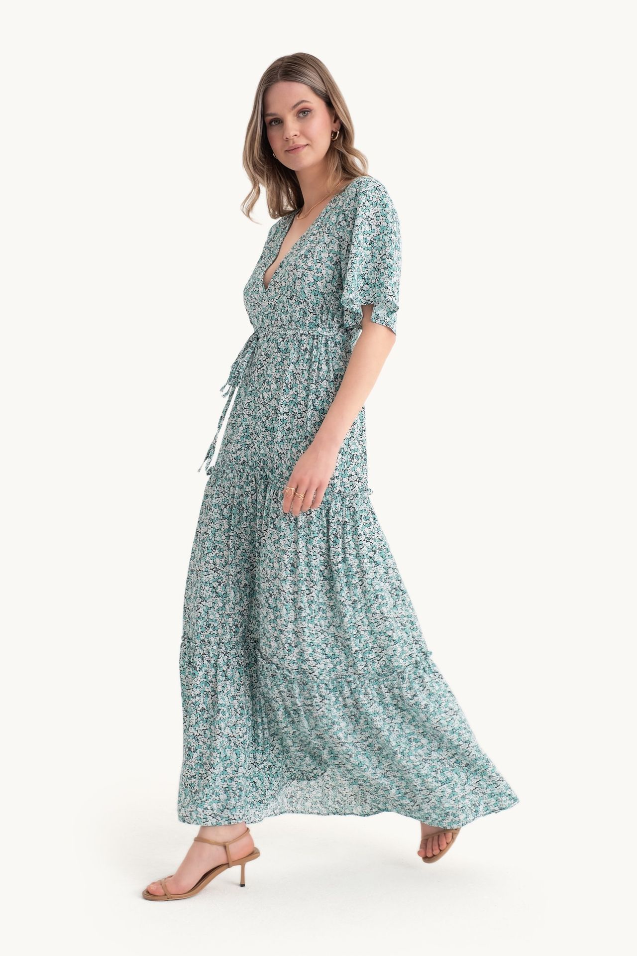 Floral V Neck Tiered Drawstring Short Sleeve Maxi Dress