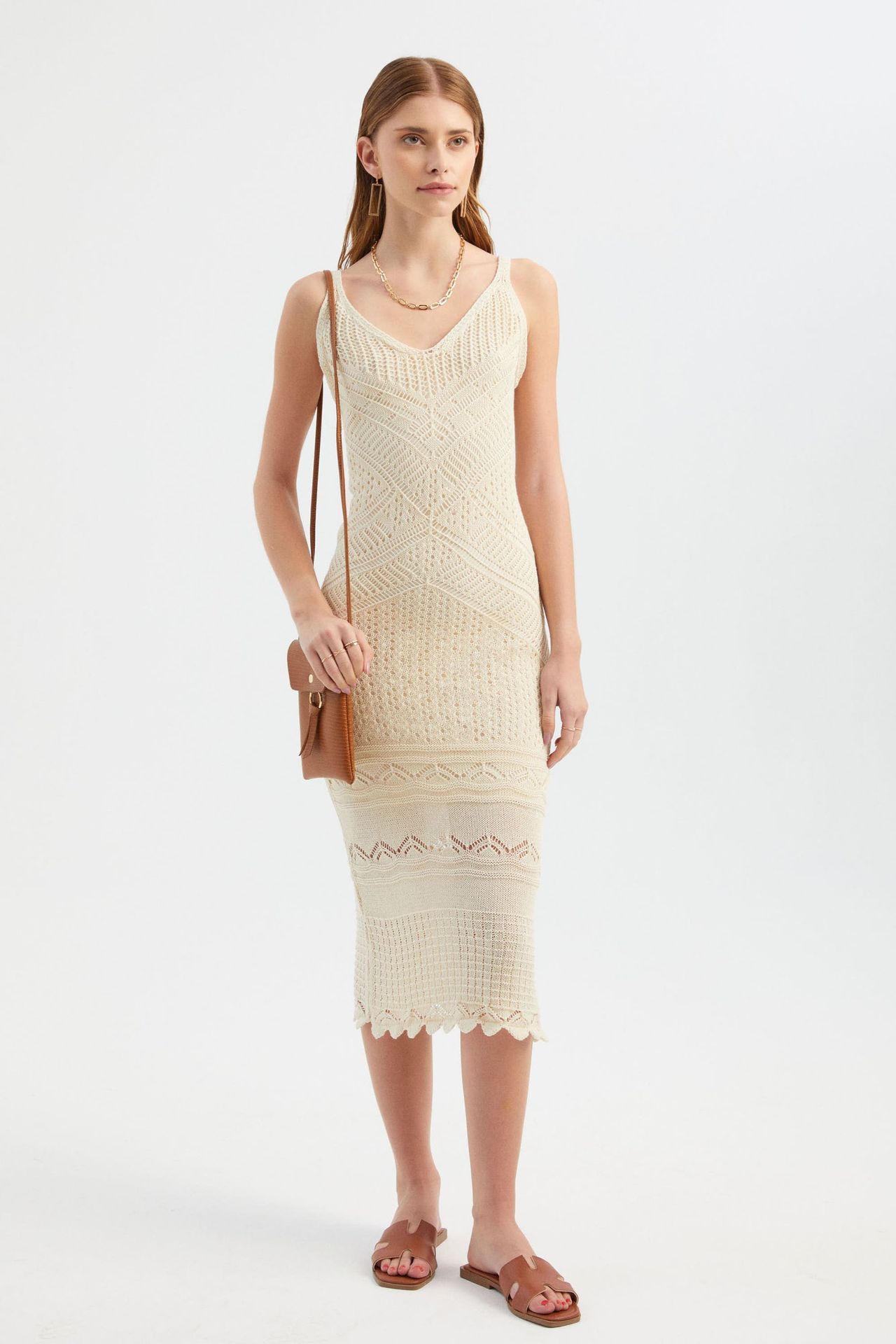 V Neck Crochet Textured Maxi Dress