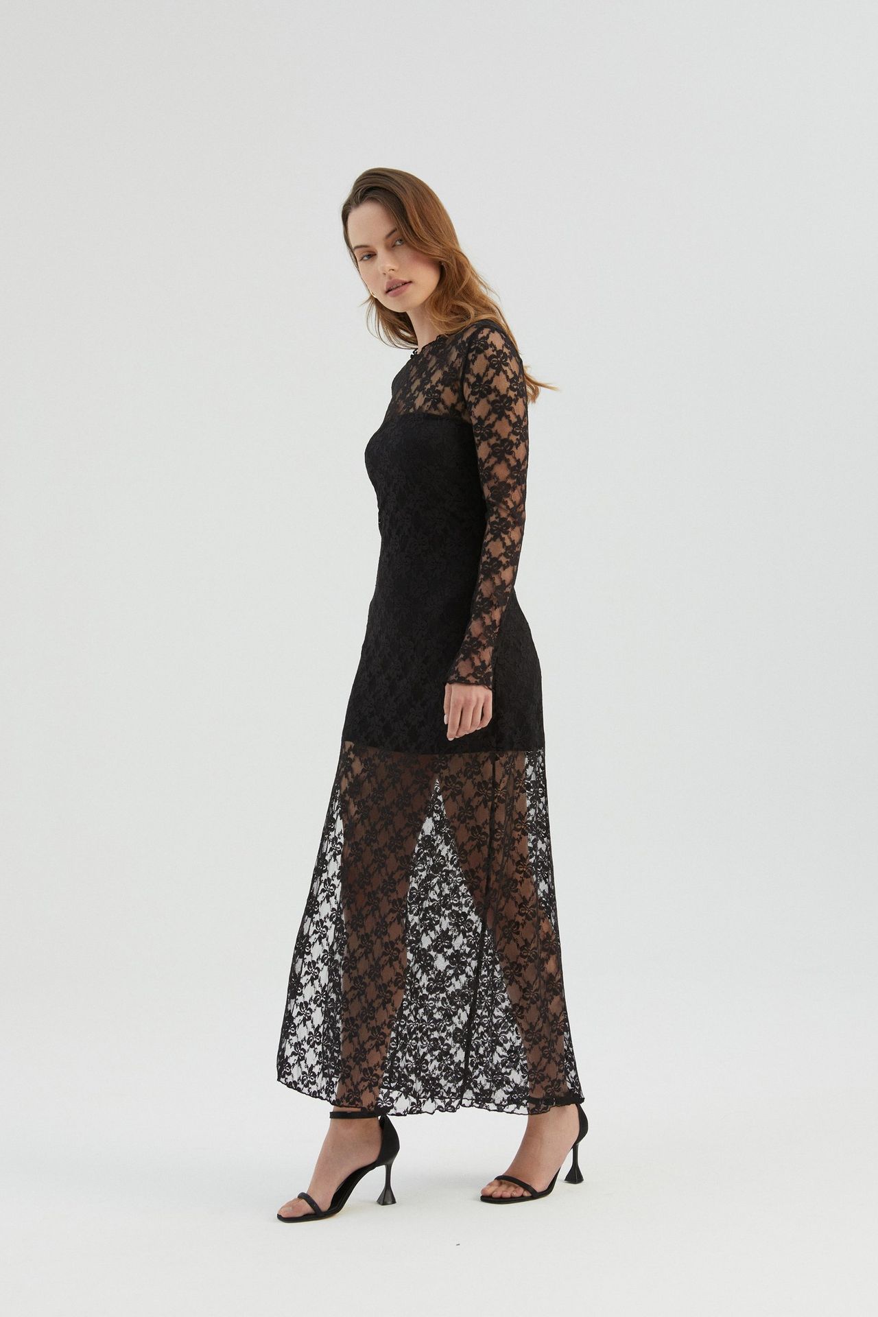 Lace High Neck Mesh Maxi Dress with a Side Slit