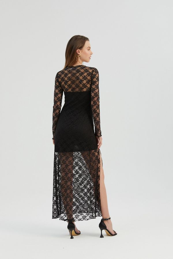 Lace High Neck Mesh Maxi Dress with a Side Slit 6