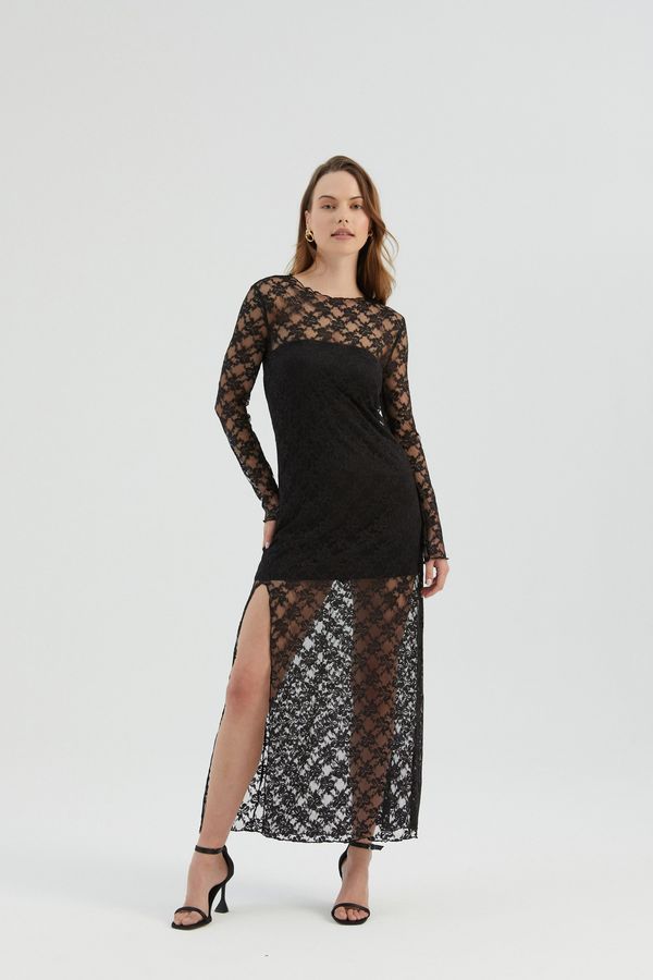 Lace High Neck Mesh Maxi Dress with a Side Slit 3