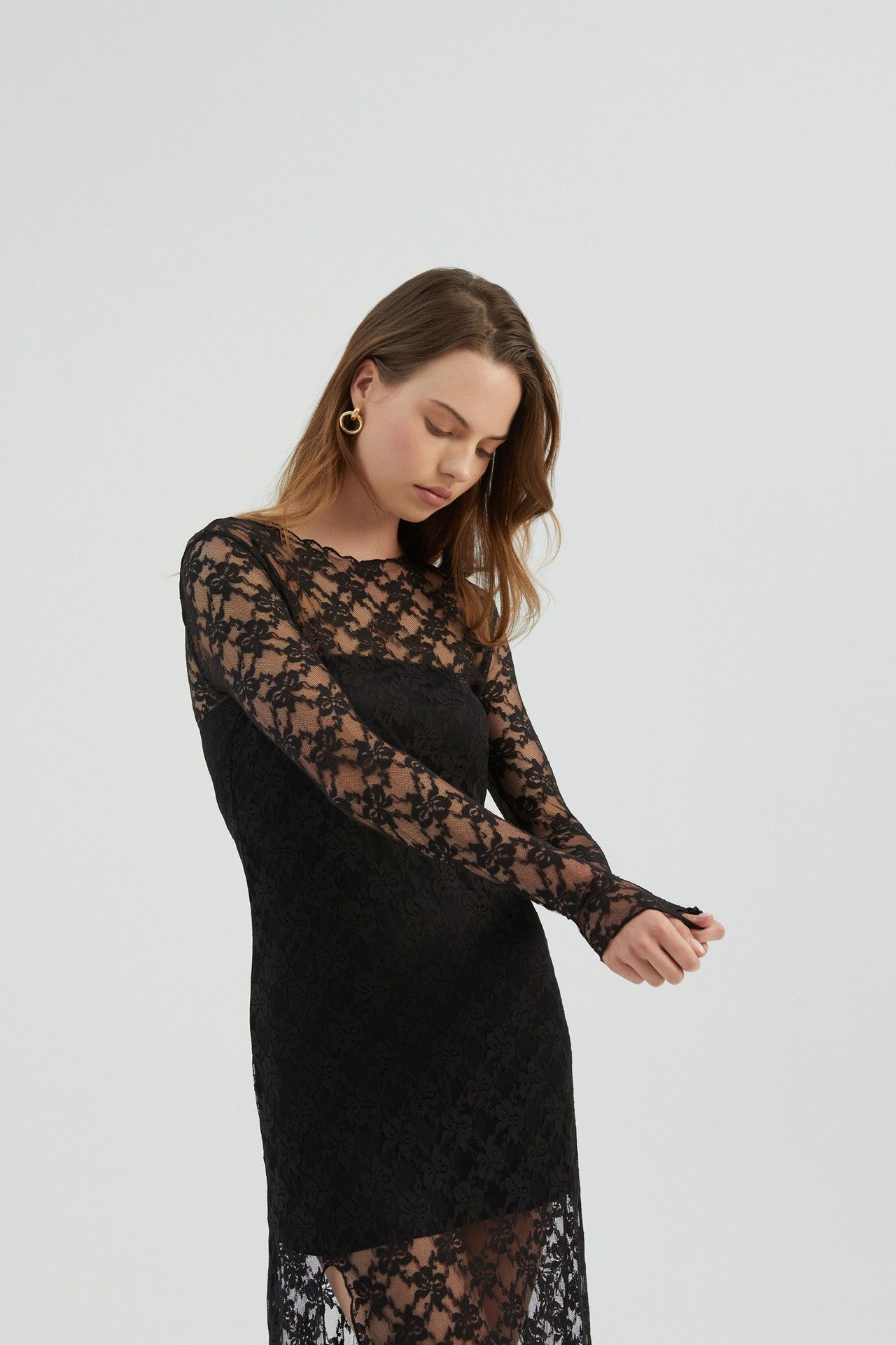 Lace High Neck Mesh Maxi Dress with a Side Slit