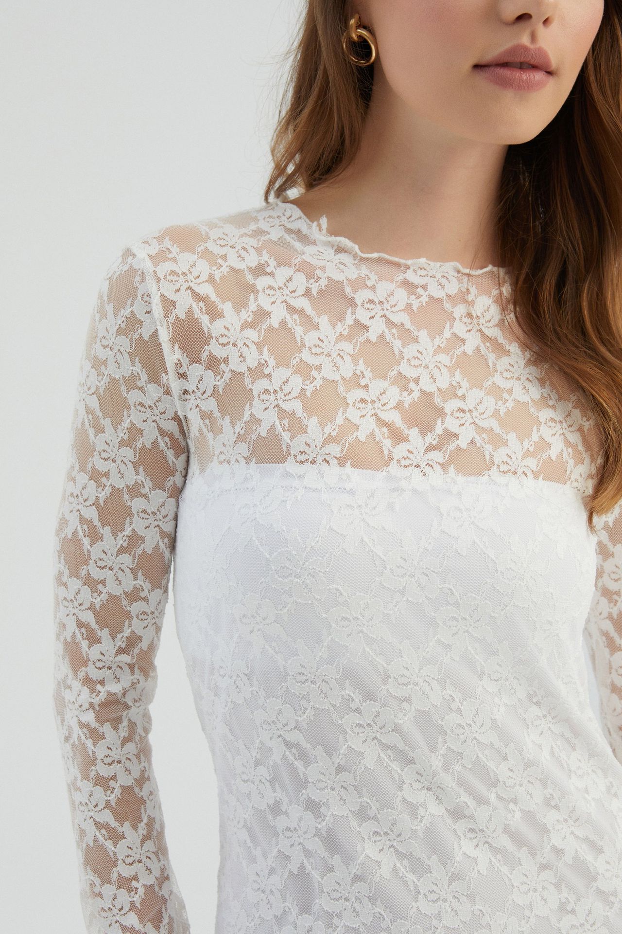 Lace High Neck Mesh Maxi Dress with a Side Slit