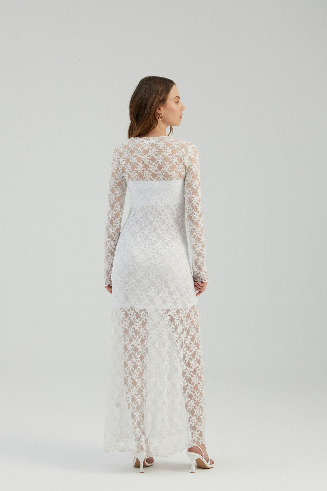 Lace High Neck Mesh Maxi Dress with a Side Slit