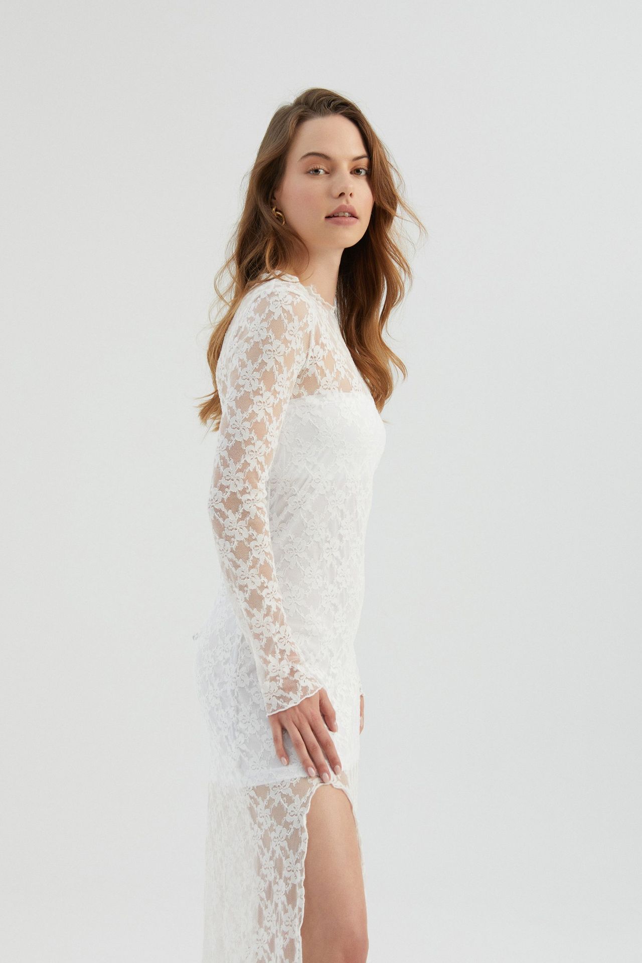 Lace High Neck Mesh Maxi Dress with a Side Slit