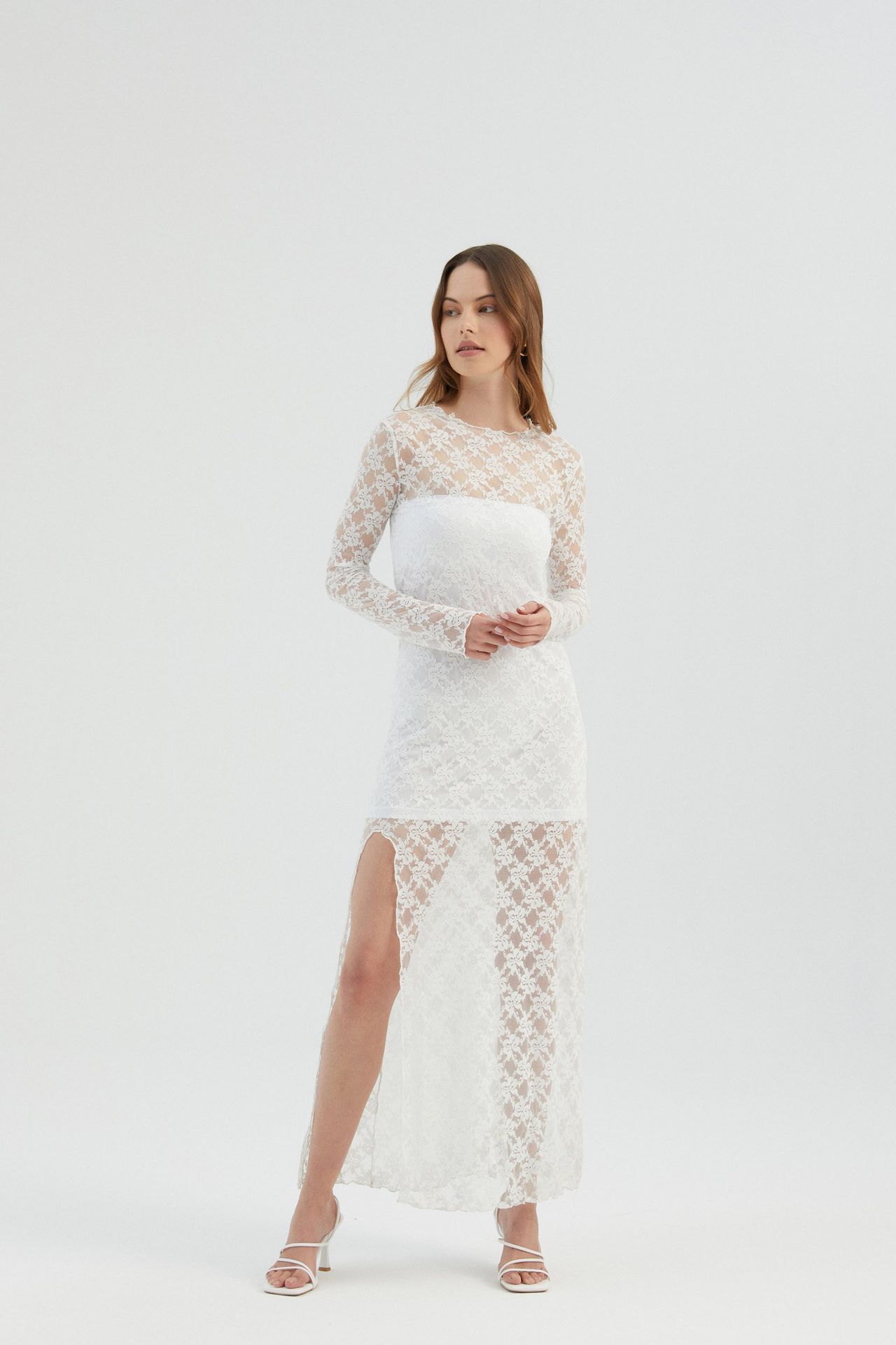 Lace High Neck Mesh Maxi Dress with a Side Slit