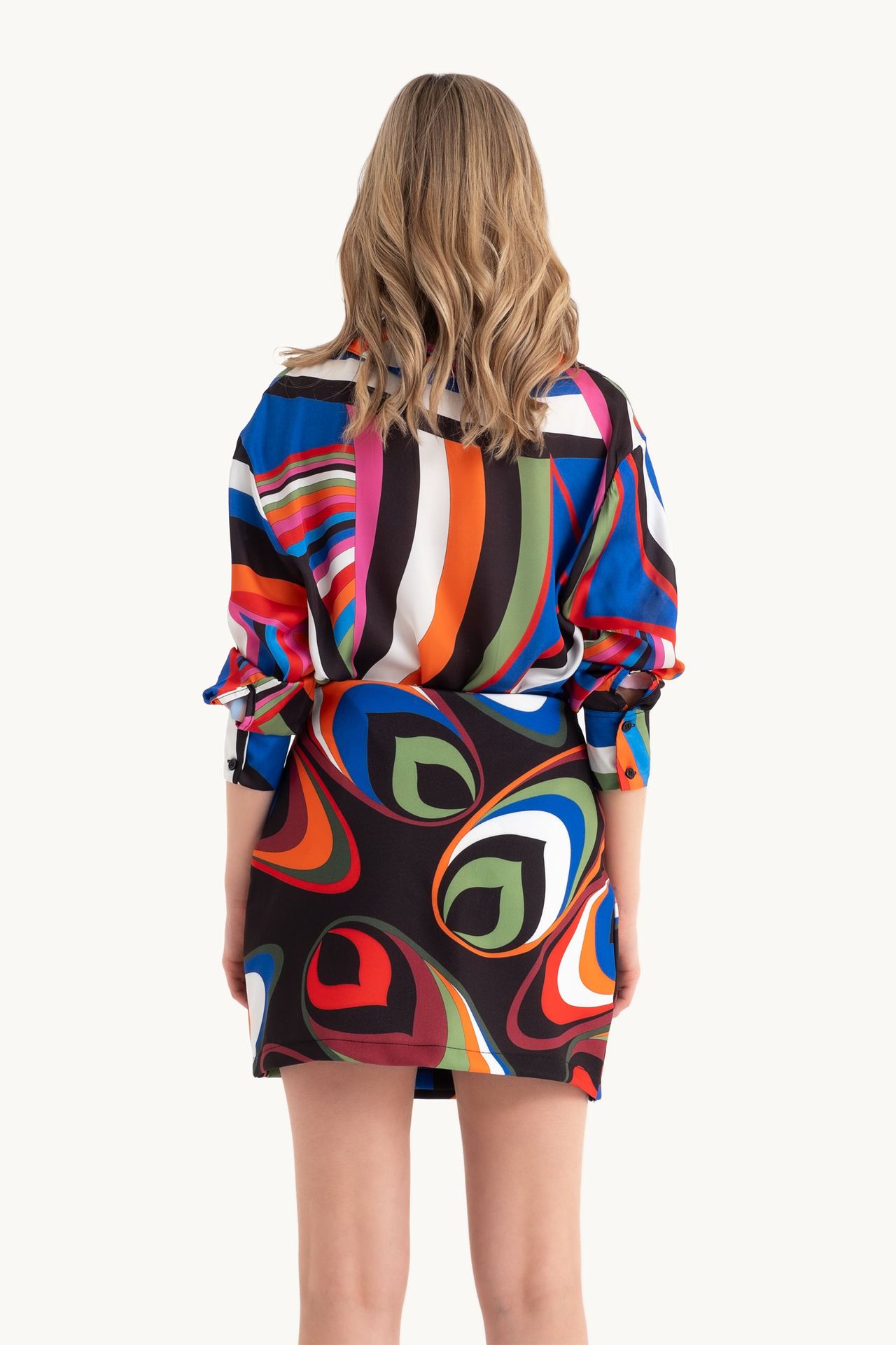2 Pieces: Geometric V Neck Long Sleeve Shirt & Mini Skirt
