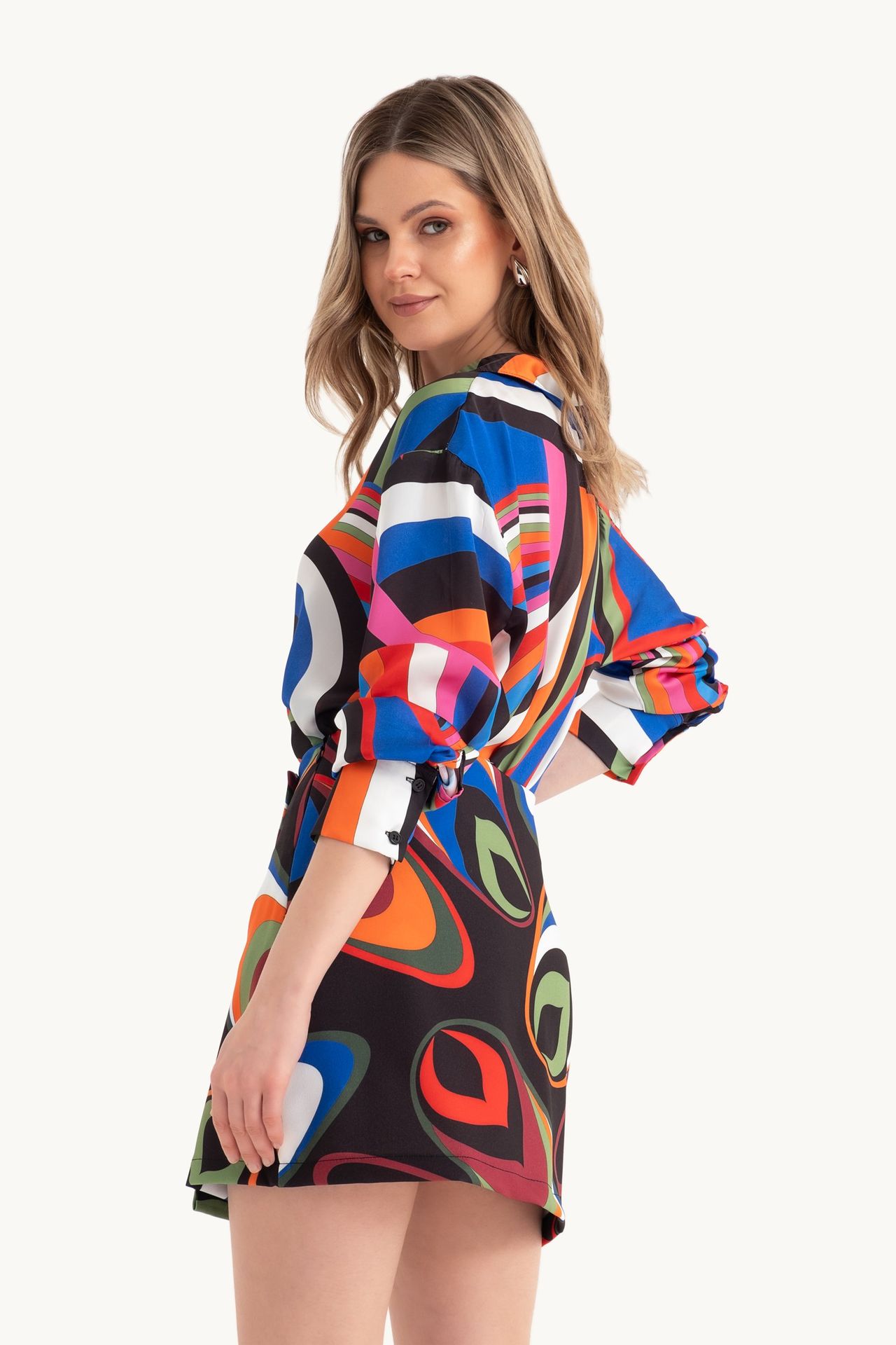 2 Pieces: Geometric V Neck Long Sleeve Shirt & Mini Skirt