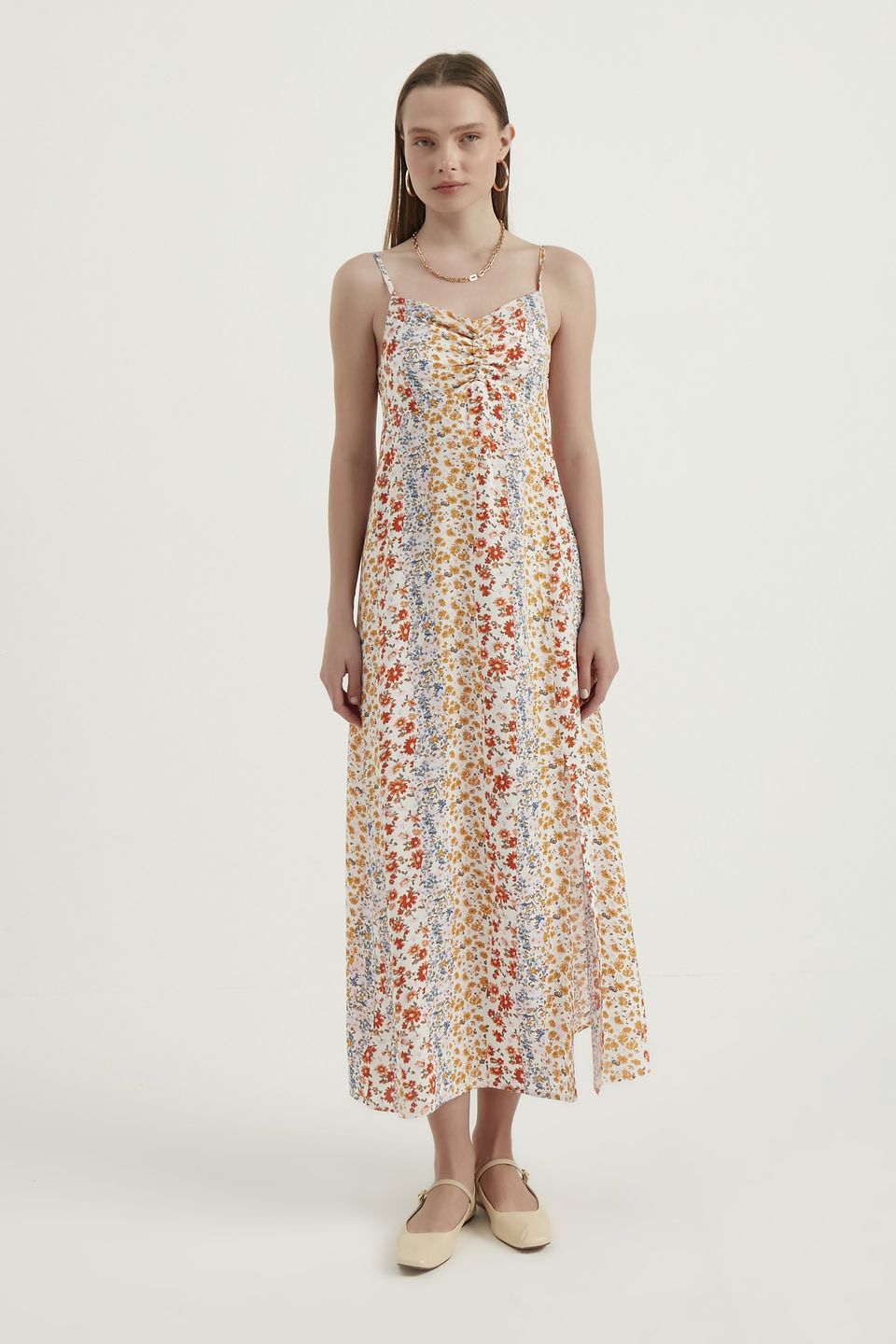 Floral Spaghetti Strap Ruched Maxi Dress