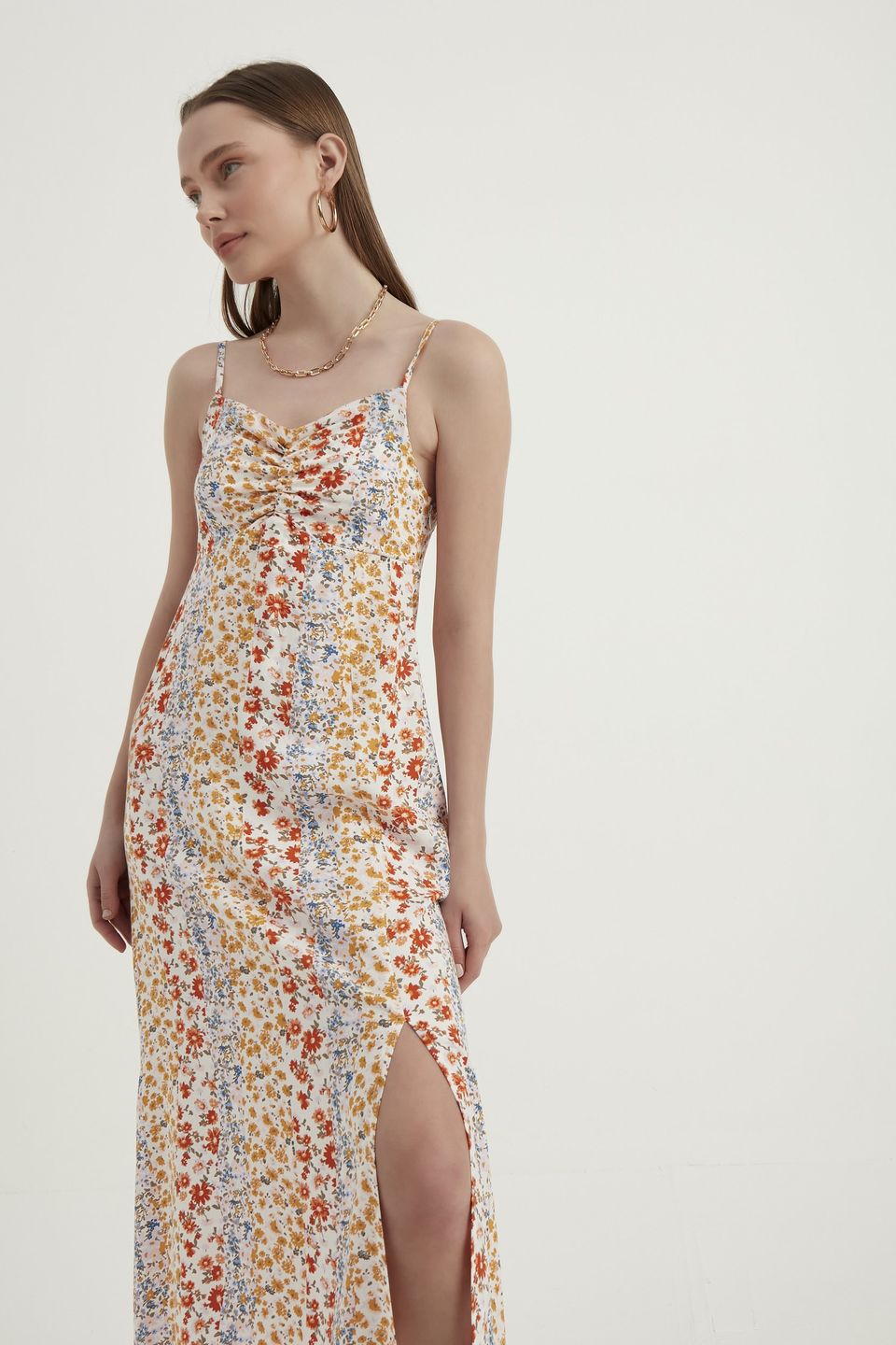 Floral Spaghetti Strap Ruched Maxi Dress