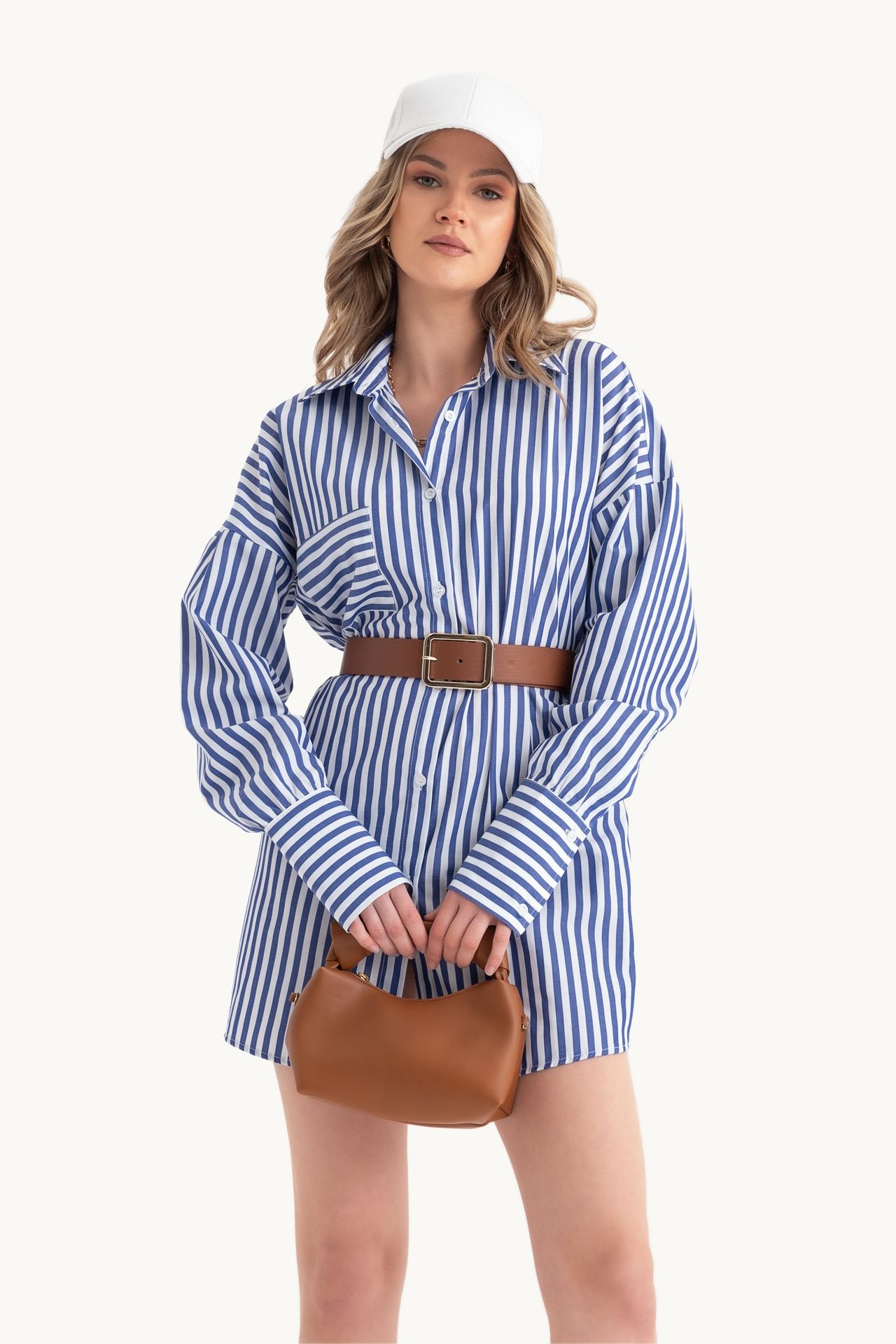 Striped Long Sleeve Mini Oversized Shirt Dress