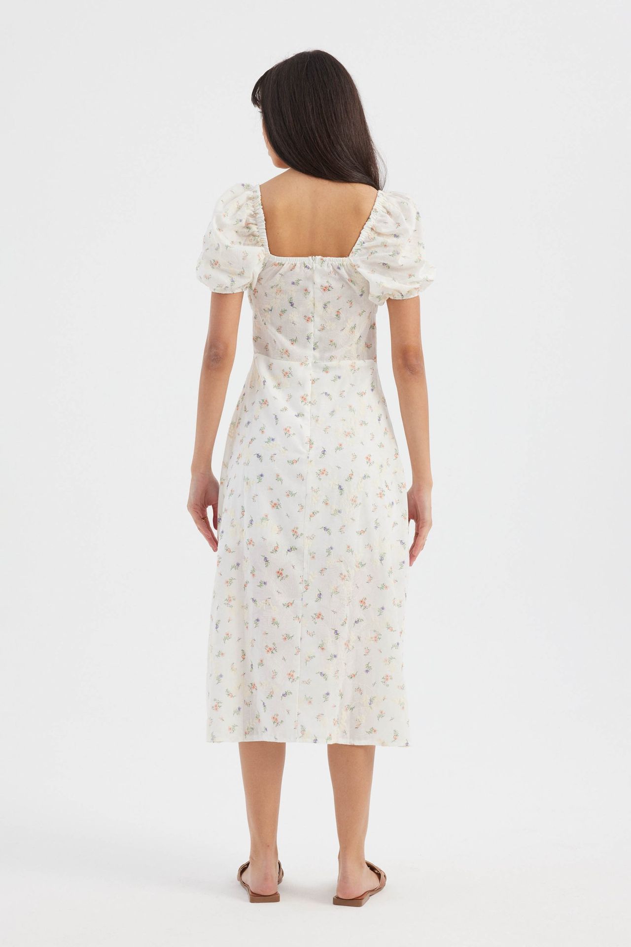 Floral Square Neck Puff Sleeves Midi Dress with a Side Slit