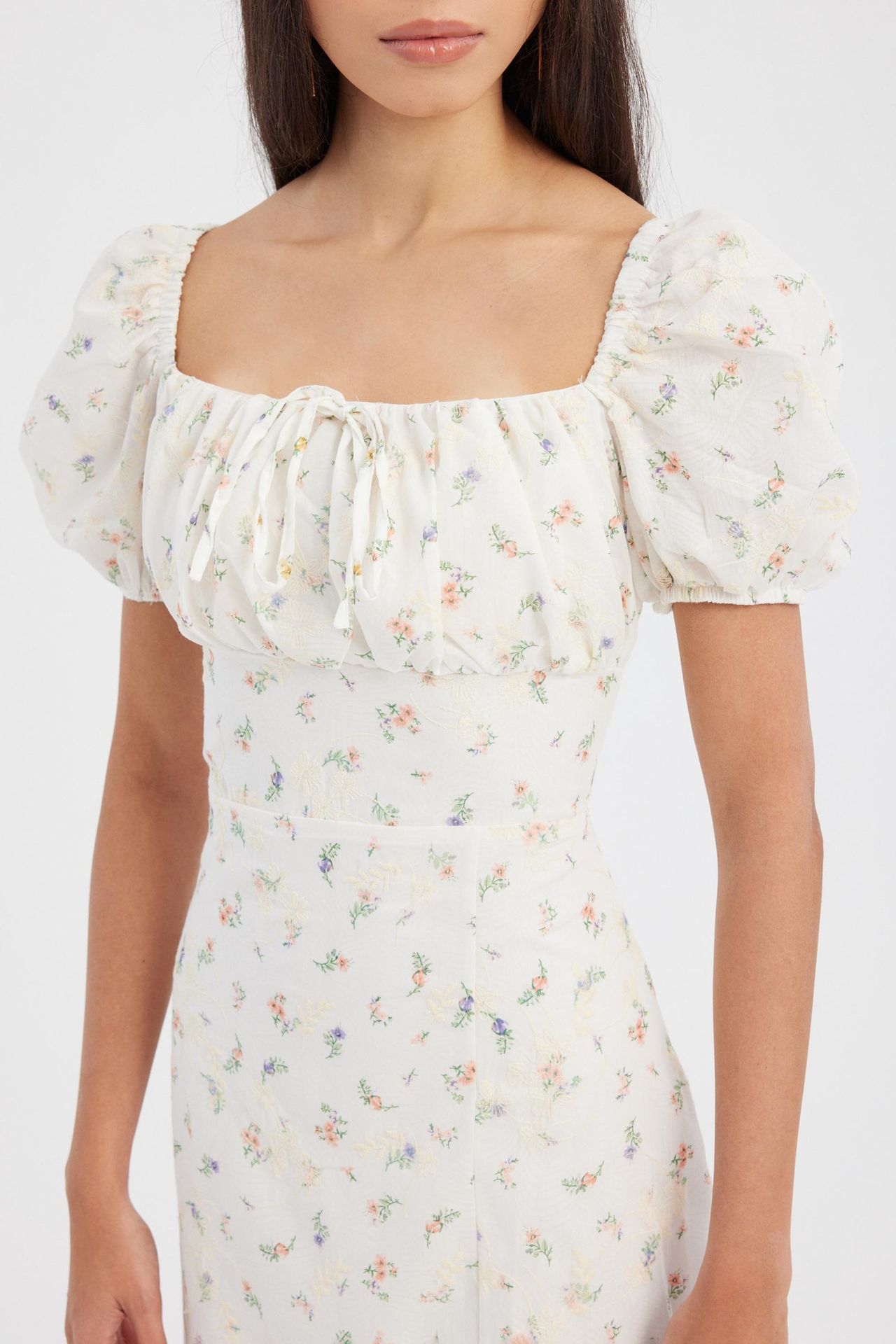 Floral Square Neck Puff Sleeves Midi Dress with a Side Slit