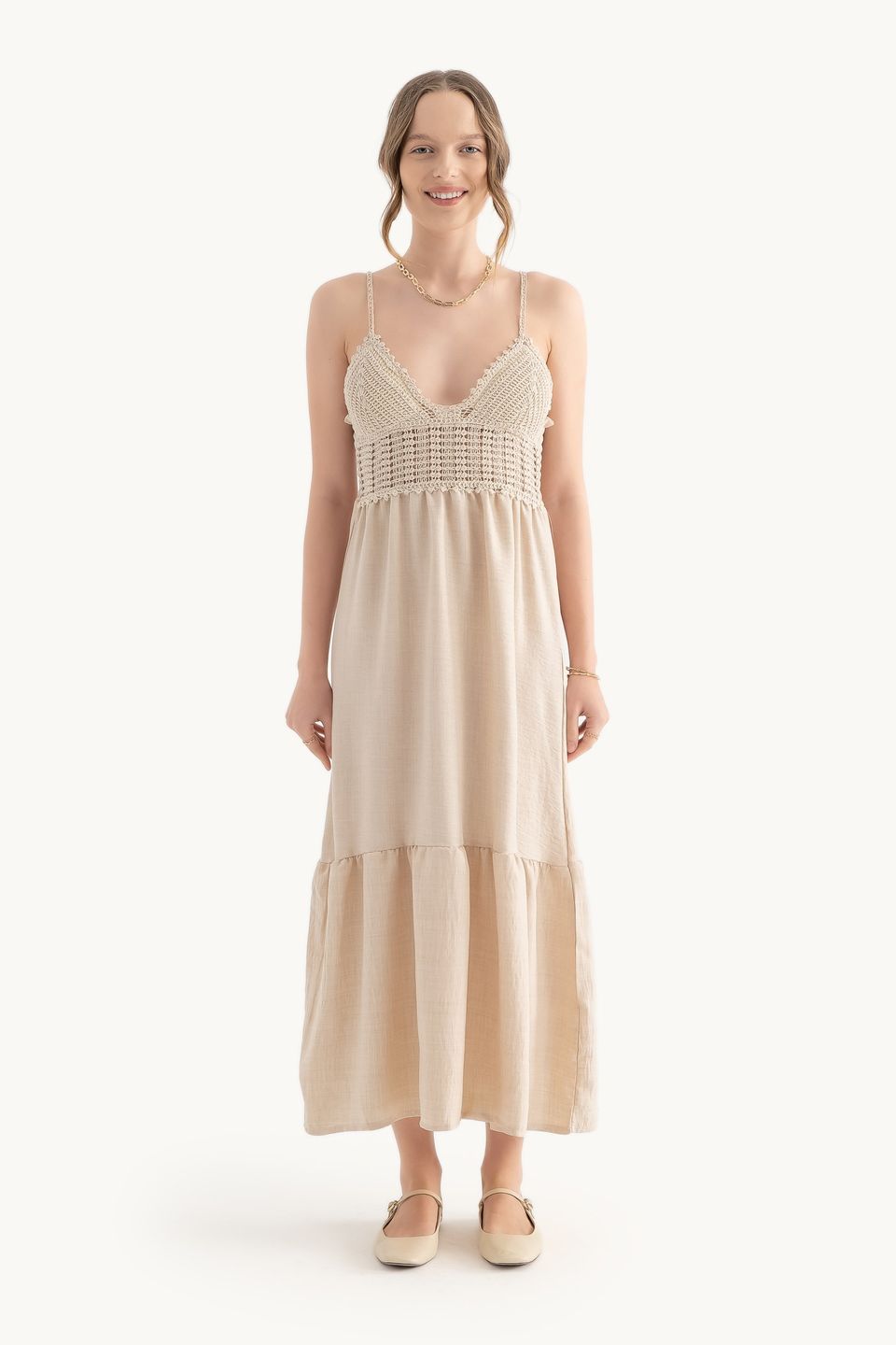 Linen V Neck Spaghetti Strap Tiered Maxi Dress