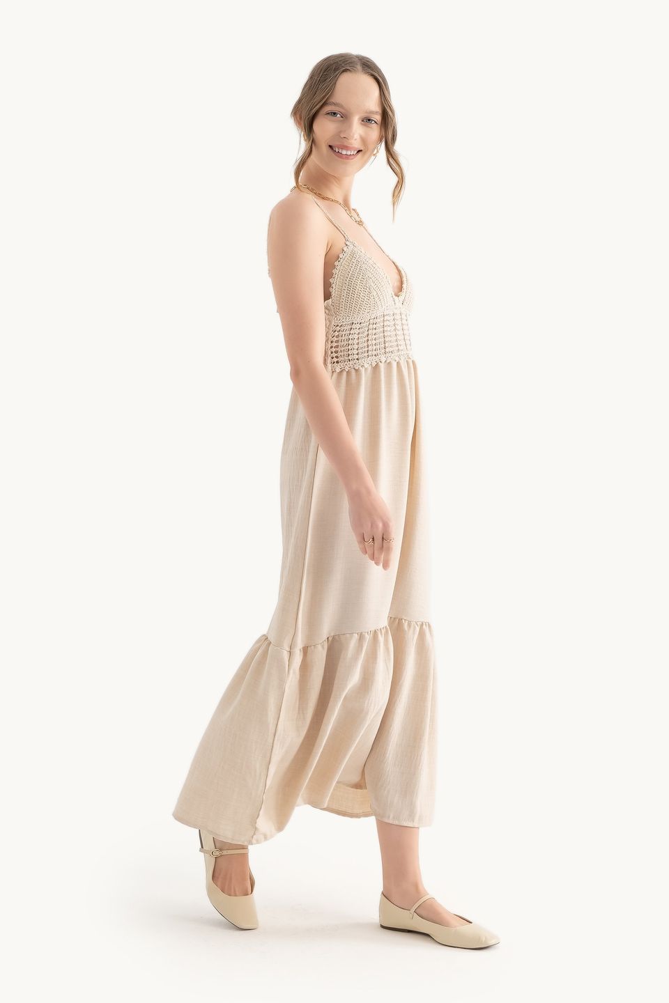Linen V Neck Spaghetti Strap Tiered Maxi Dress
