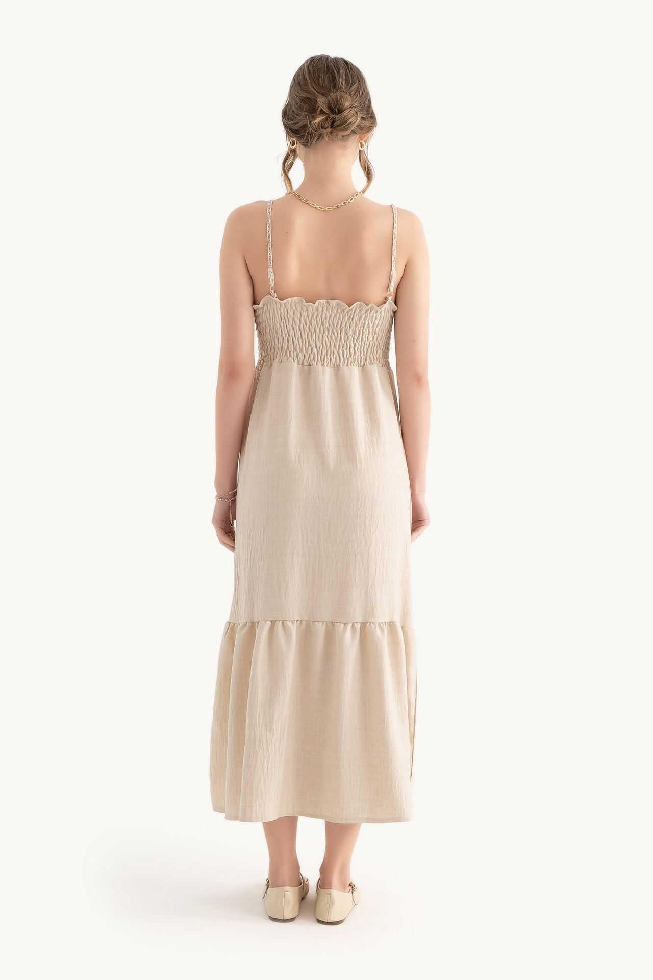 Linen V Neck Spaghetti Strap Tiered Maxi Dress