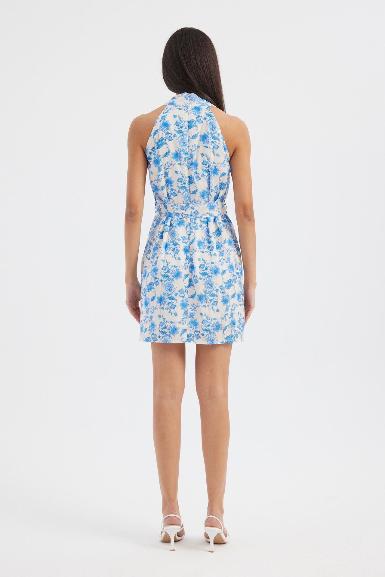Floral Halter Neck Cut Out Buttoned Mini Dress with a Belt Detail