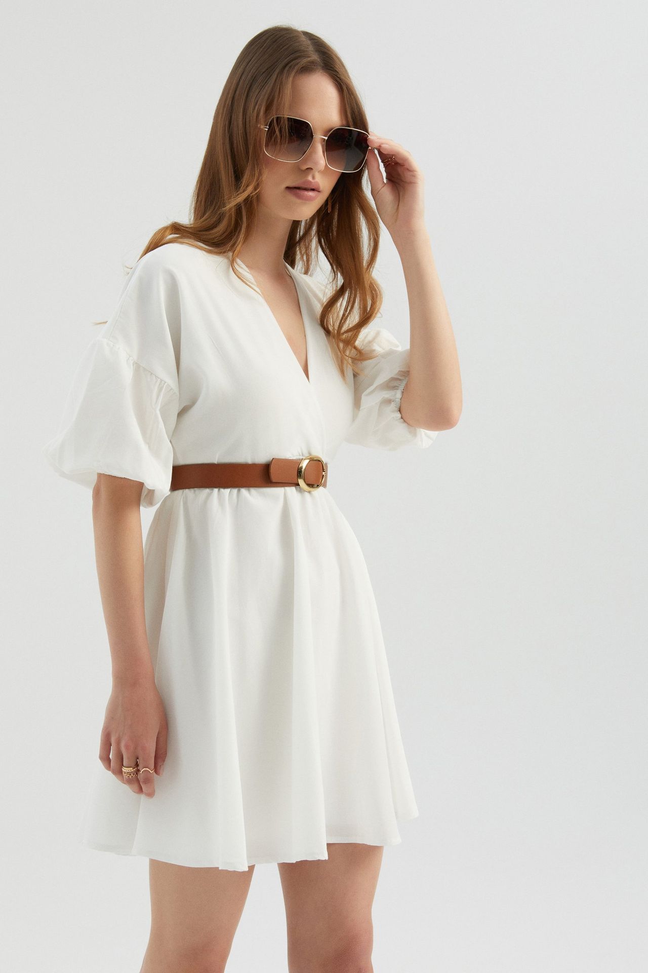 V Neck Puff Sleeves Mini Dress with a Belt Detail