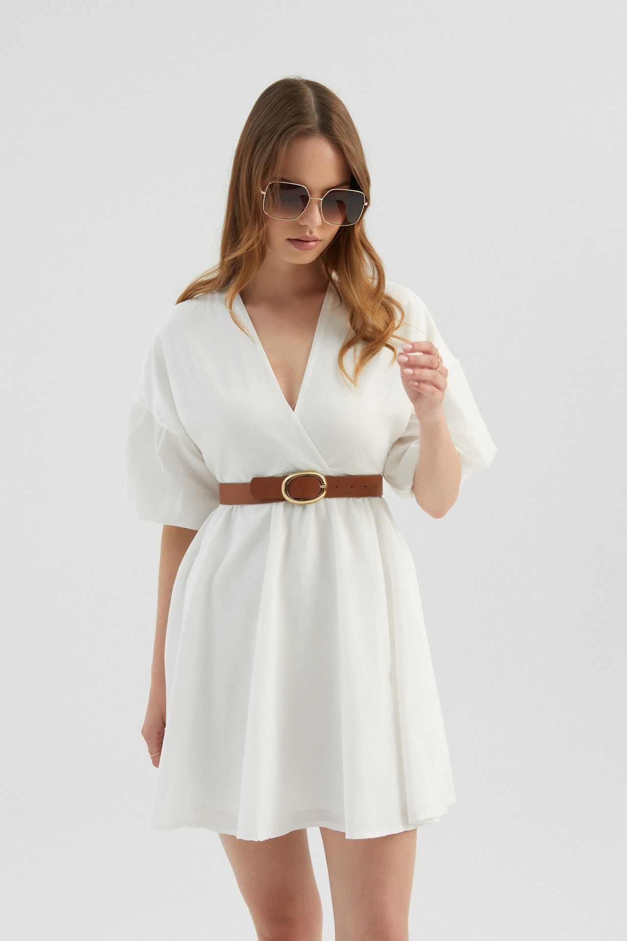 V Neck Puff Sleeves Mini Dress with a Belt Detail