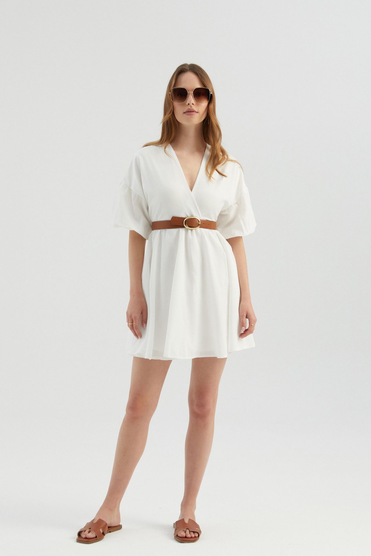 V Neck Puff Sleeves Mini Dress with a Belt Detail