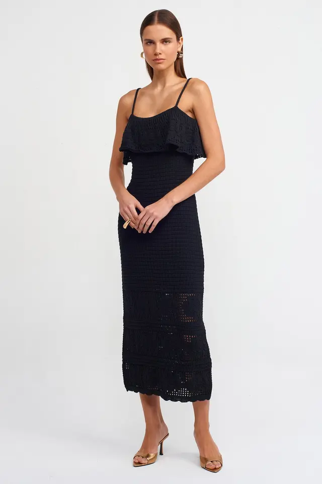 Embroidered Spaghetti Strap Crochet Ruffled Maxi Dress
