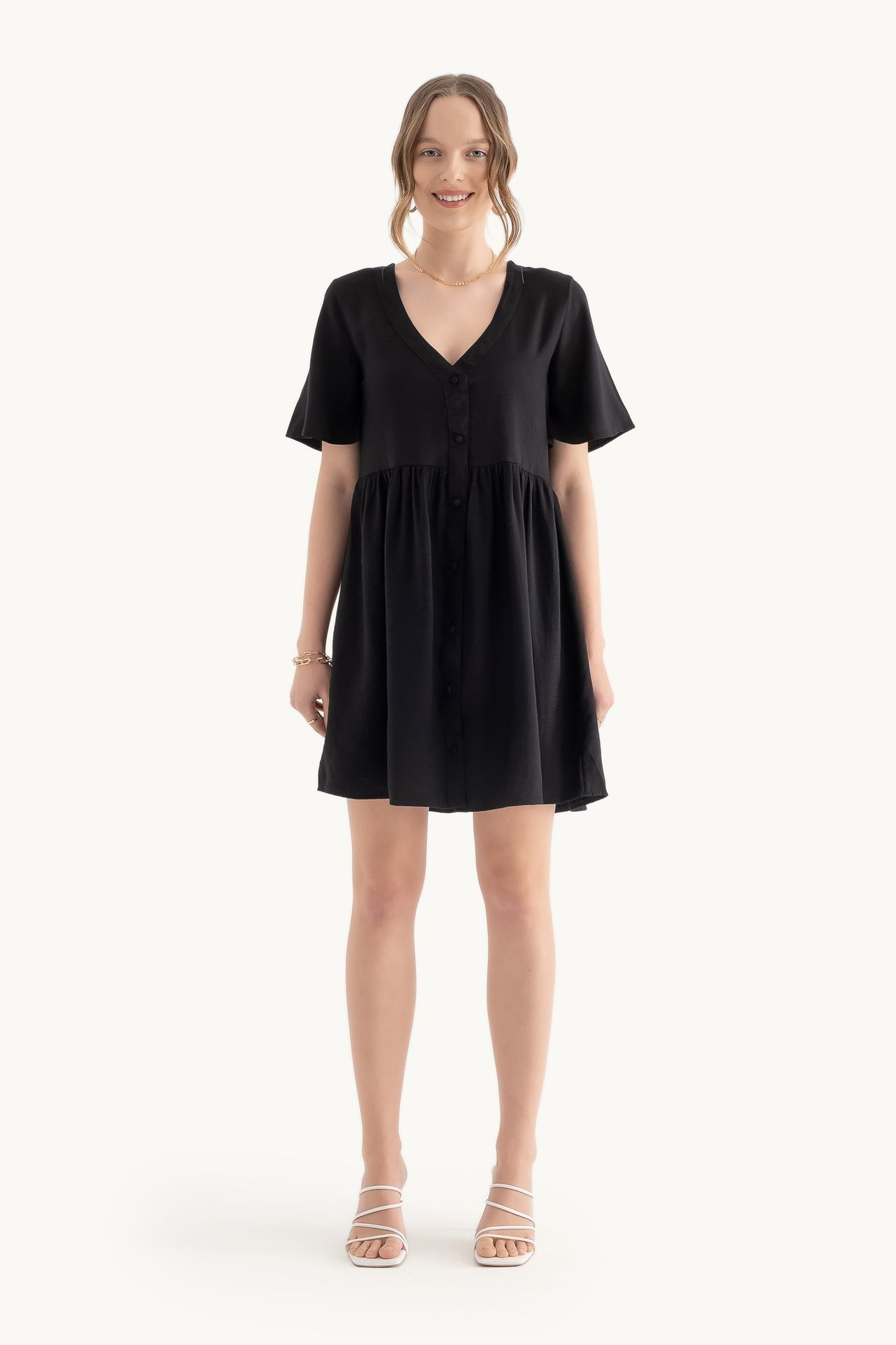 V Neck Buttoned Short Sleeves Mini Dress
