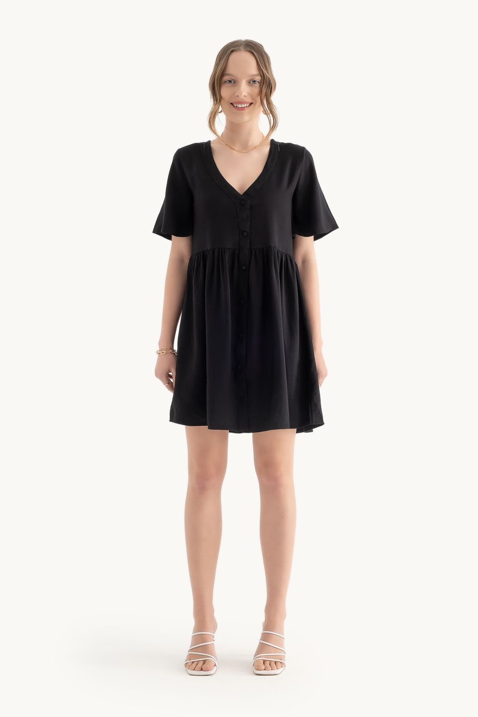V Neck Buttoned Short Sleeves Mini Dress