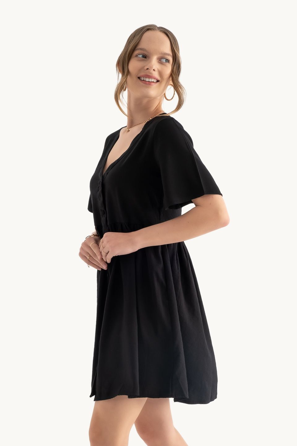 V Neck Buttoned Short Sleeves Mini Dress