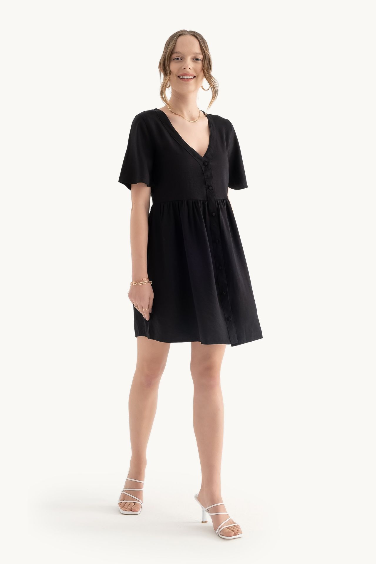 V Neck Buttoned Short Sleeves Mini Dress