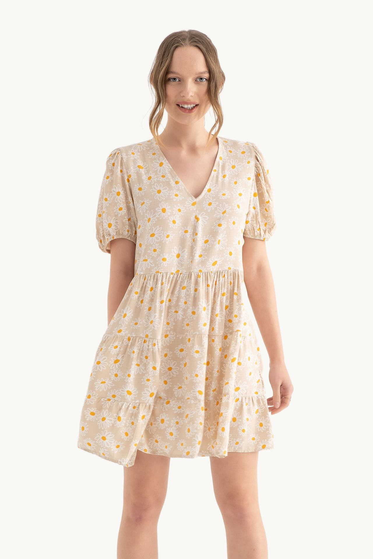 Floral V Neck Tiered Puff Sleeves Mini Dress