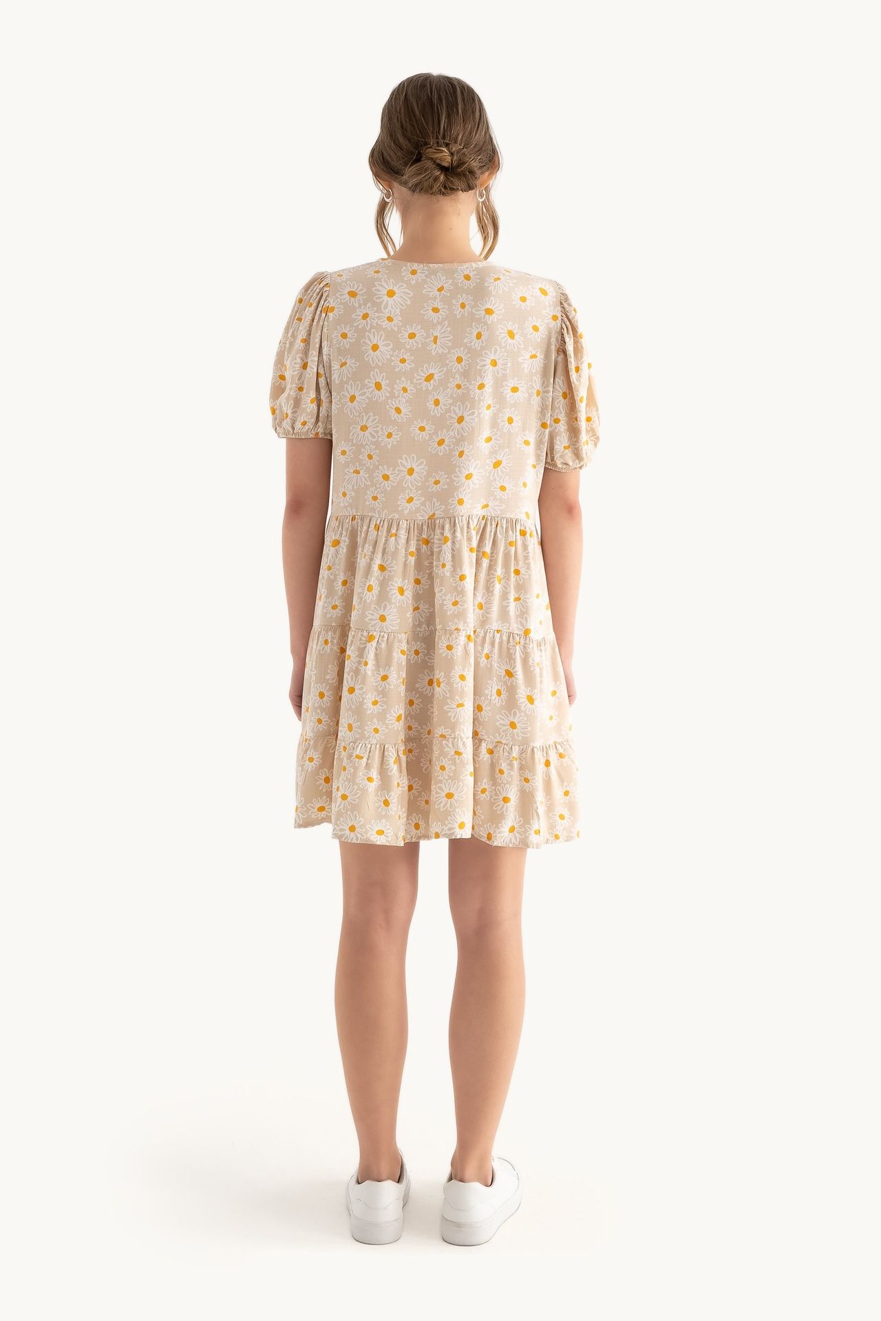 Floral V Neck Tiered Puff Sleeves Mini Dress