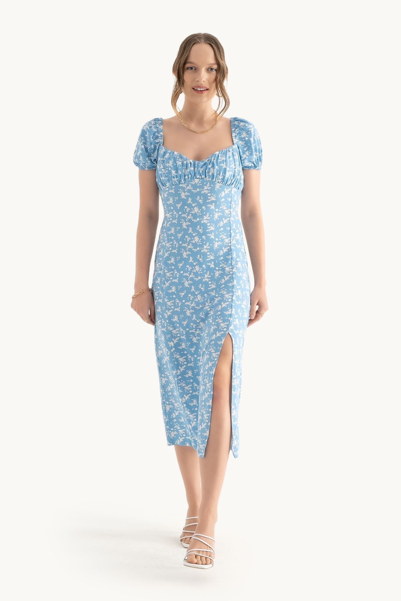 Floral Sweetheart Neck Puff Sleeves Midi Dress with a Side Slit