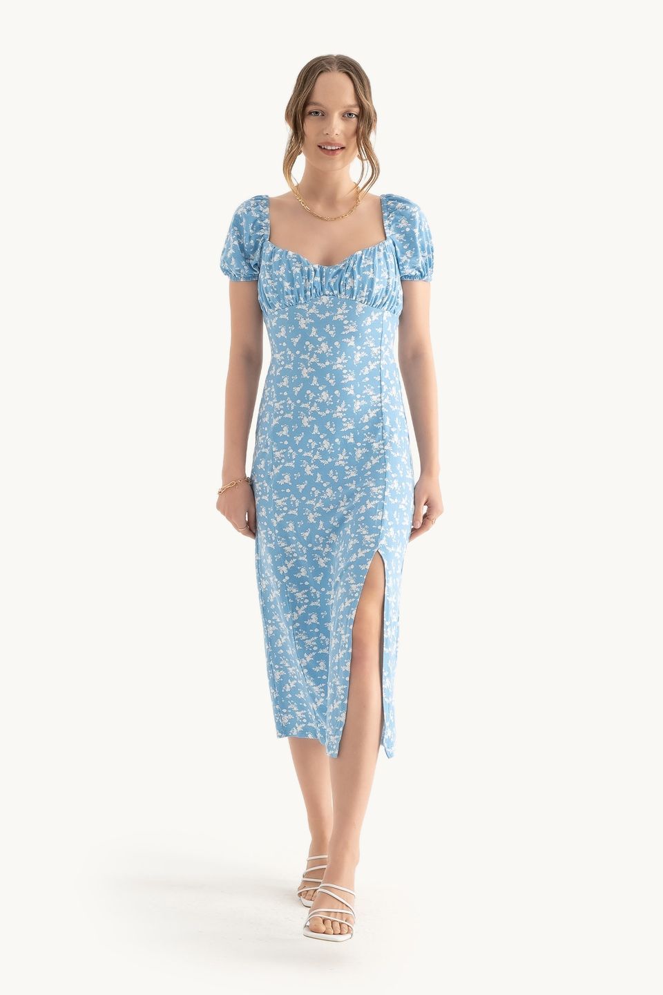 Floral Sweetheart Neck Puff Sleeves Midi Dress with a Side Slit