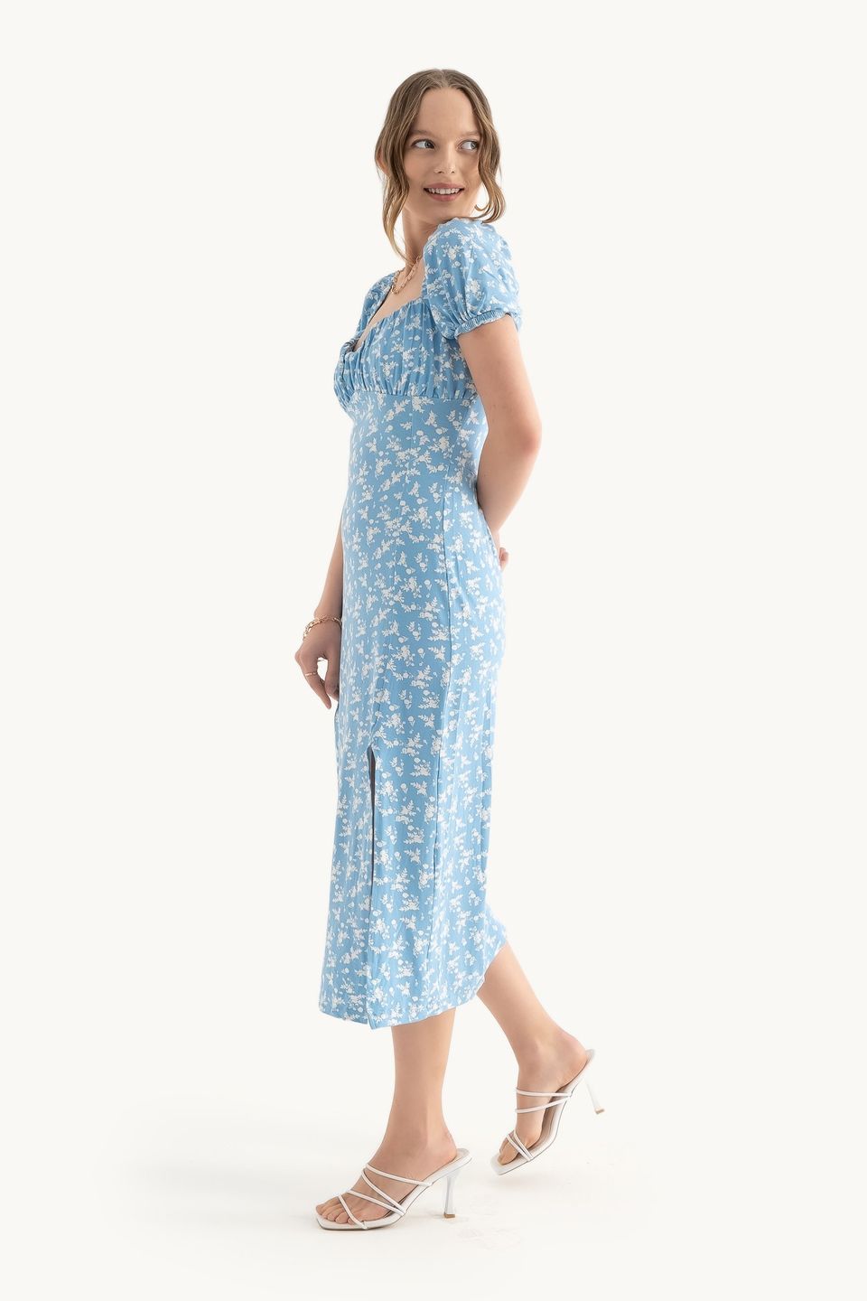 Floral Sweetheart Neck Puff Sleeves Midi Dress with a Side Slit