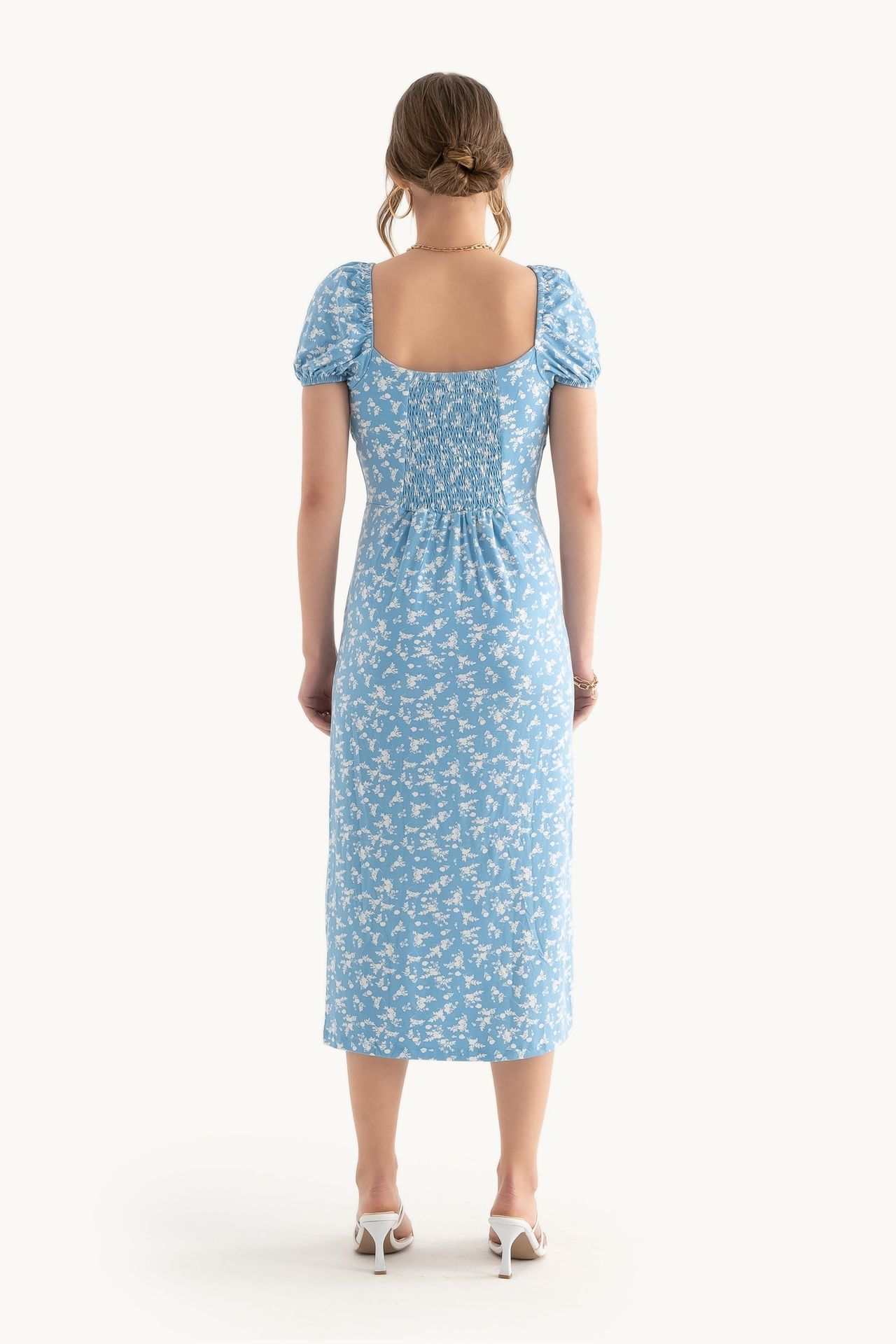 Floral Sweetheart Neck Puff Sleeves Midi Dress with a Side Slit