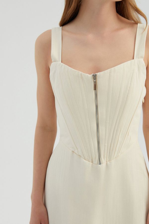 Fermuar Detaylı Sweetheart Yaka Geniş Askılı Maxi A-Line Elbise 6
