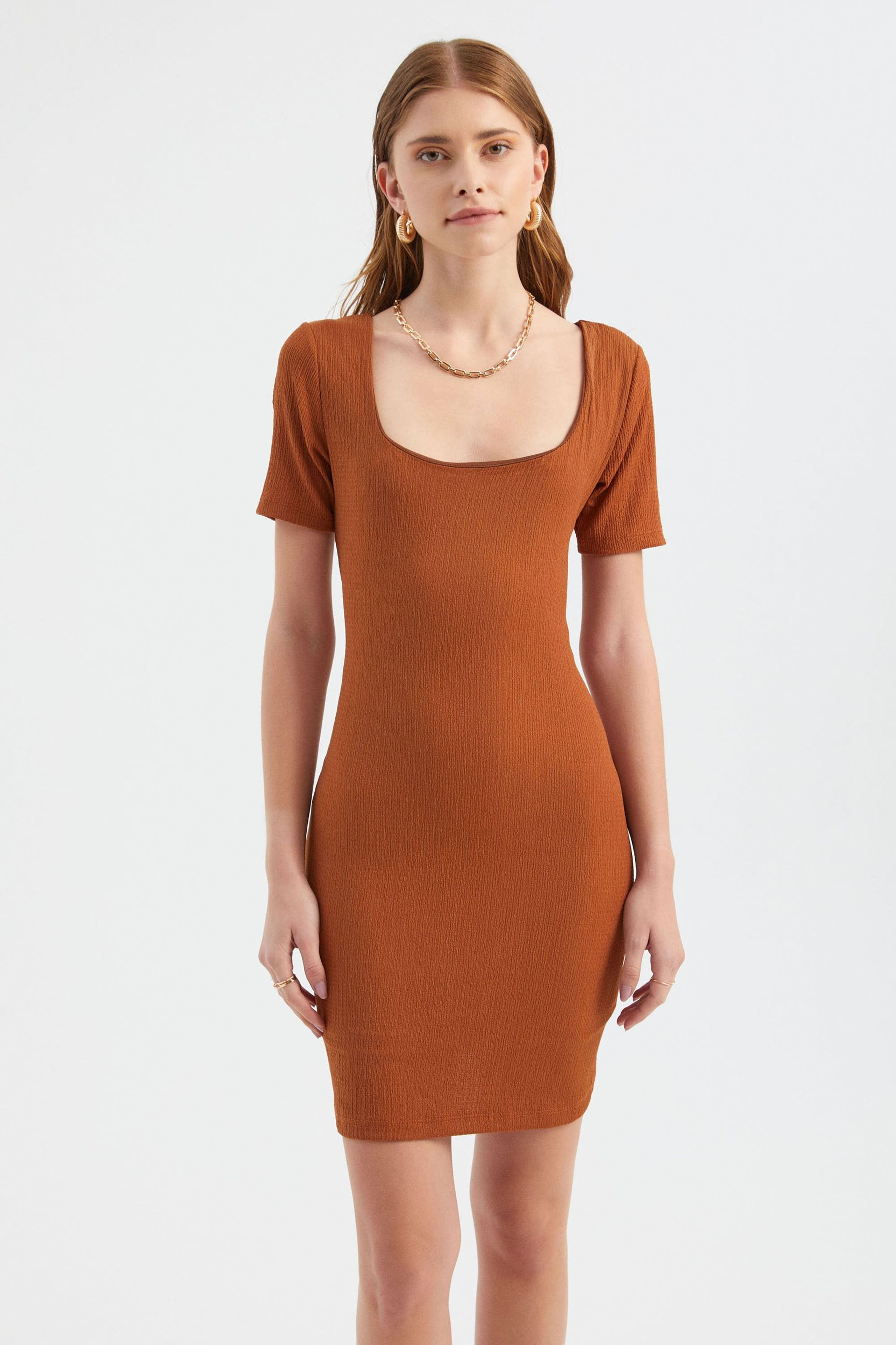 HiCCUP - Brown Square Neck Short Sleeve Mini Bodycon Dress Women