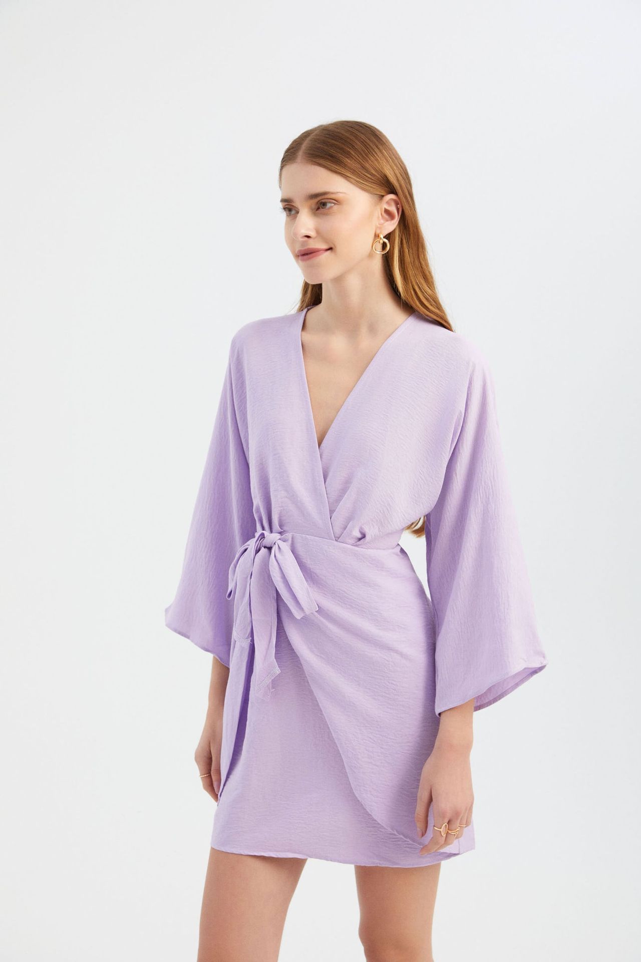 V Neck Balloon Sleeves Mini Wrap Dress