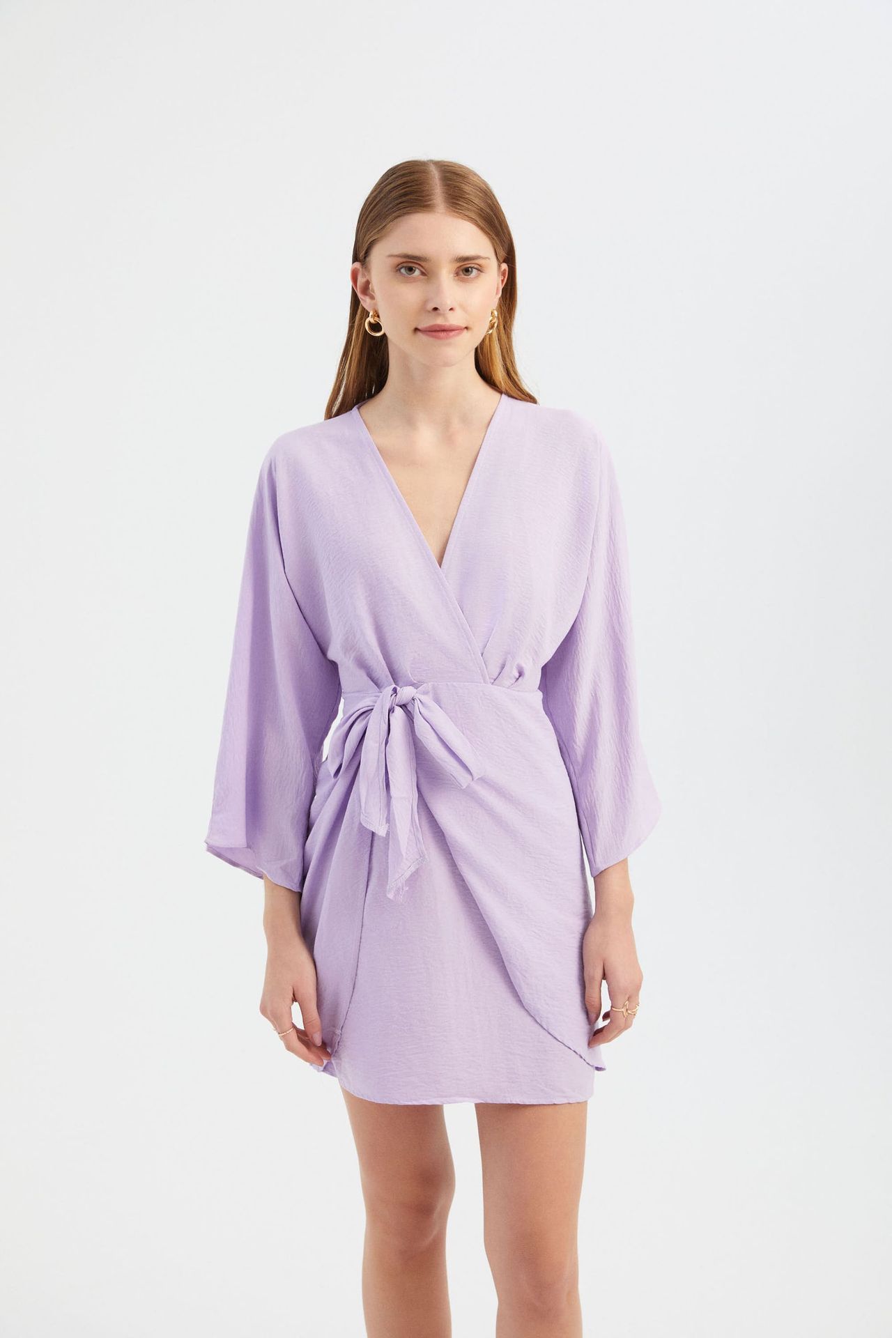 V Neck Balloon Sleeves Mini Wrap Dress