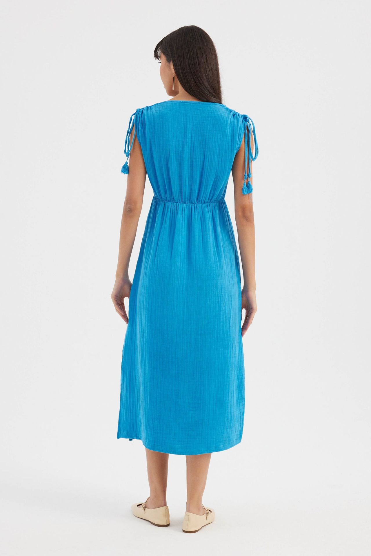 V Neck Side Slit Cap Sleeve Midi Dress with a Tie Detail