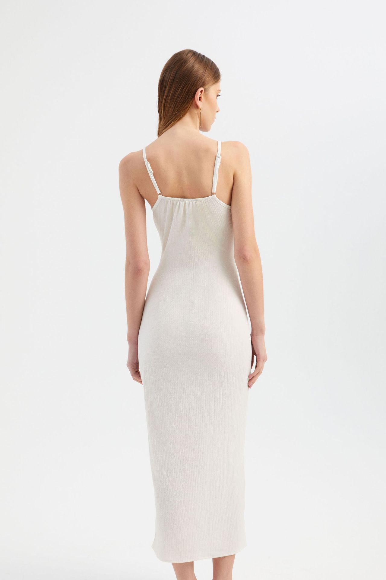 Smocked Square Neck Tie Front Midi Dress with Side Slit