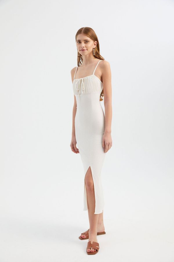 Smocked Square Neck Tie Front Midi Dress with Side Slit 3