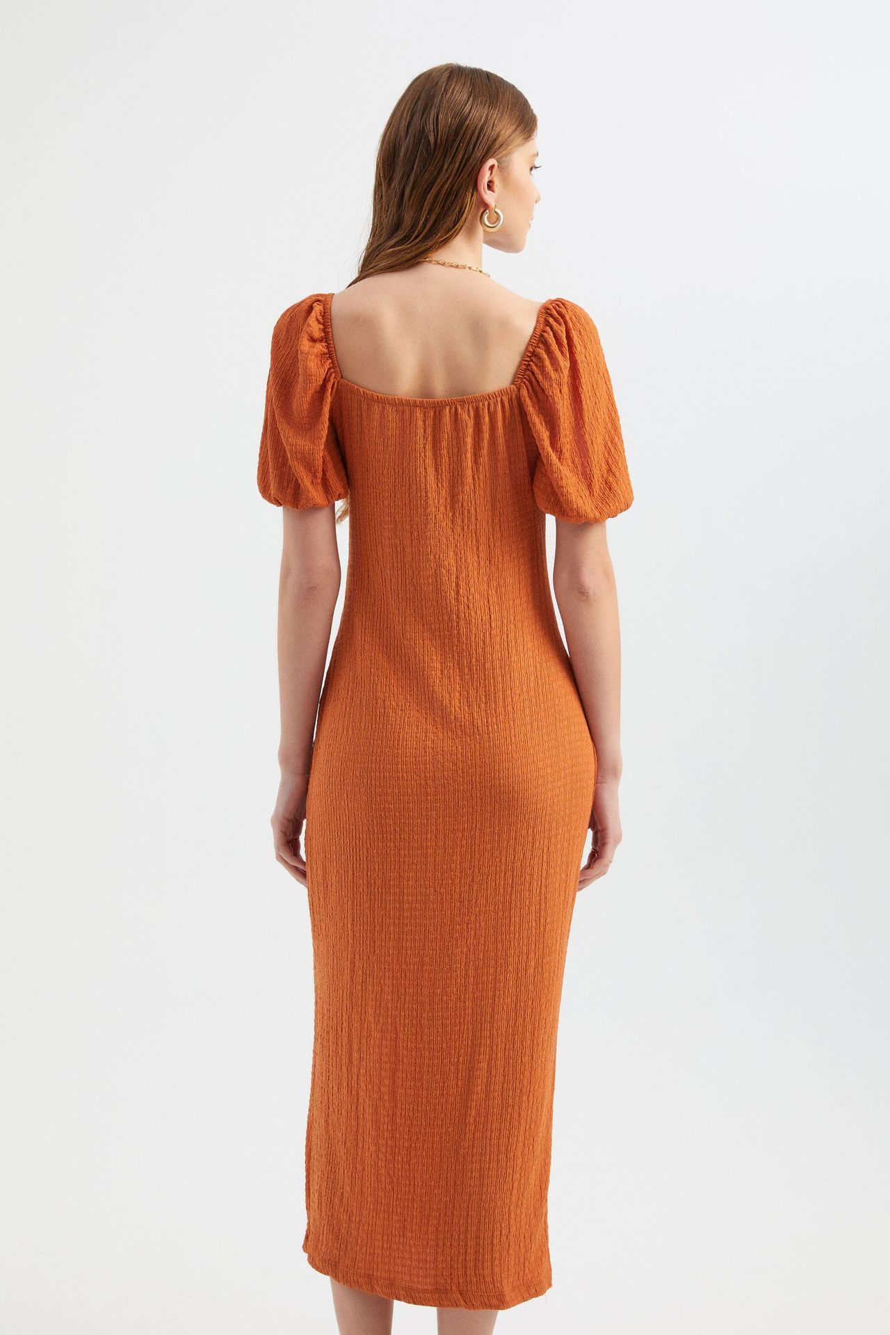 Sweetheart Neck Smocked Balloon Sleeves Midi Dress with a Side Slit