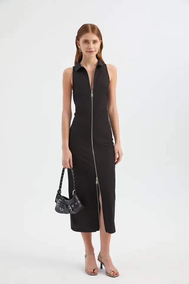 Polo Neck Zip-up Maxi Dress