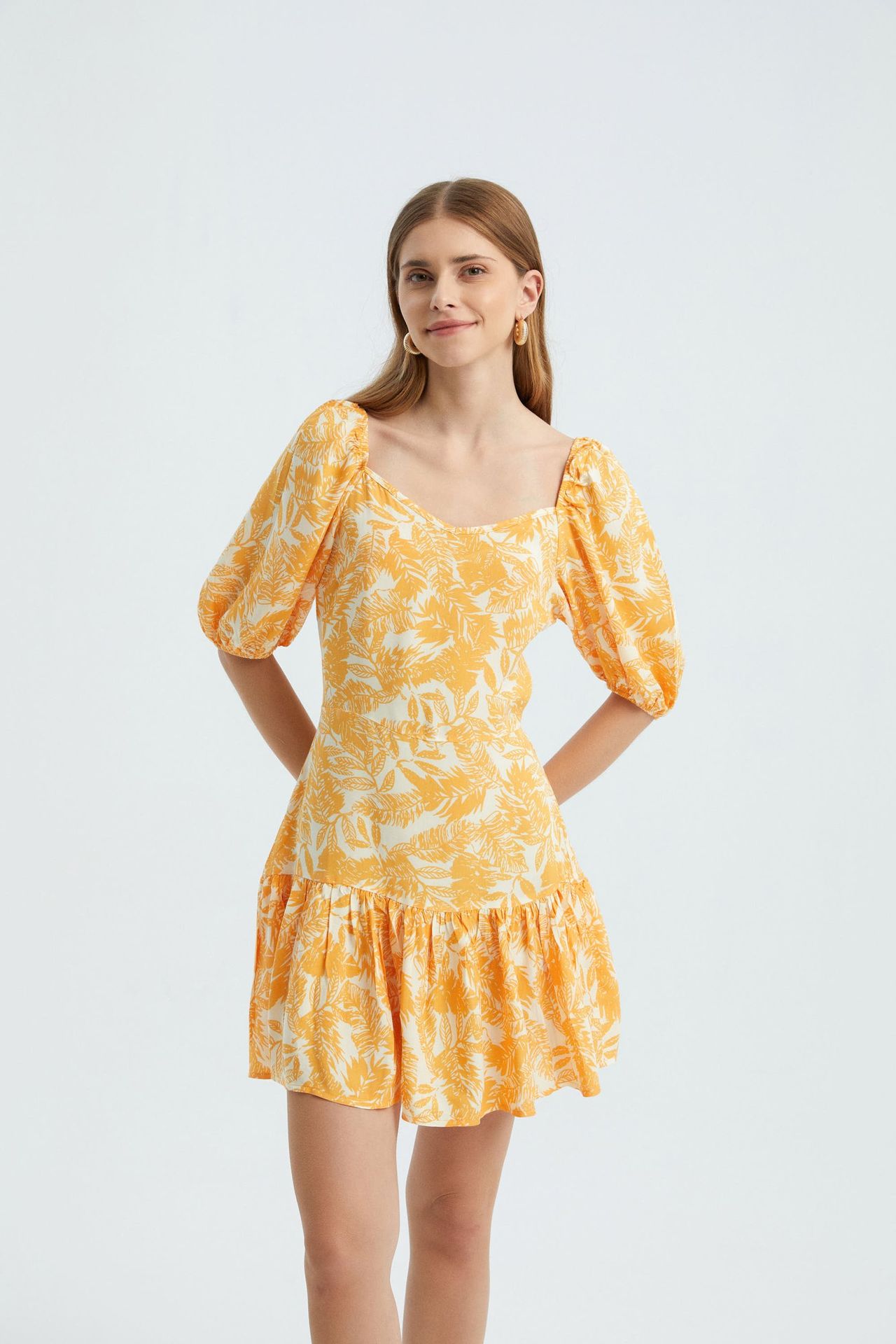 Floral V Neck Ruffled Balloon Sleeves Mini Dress