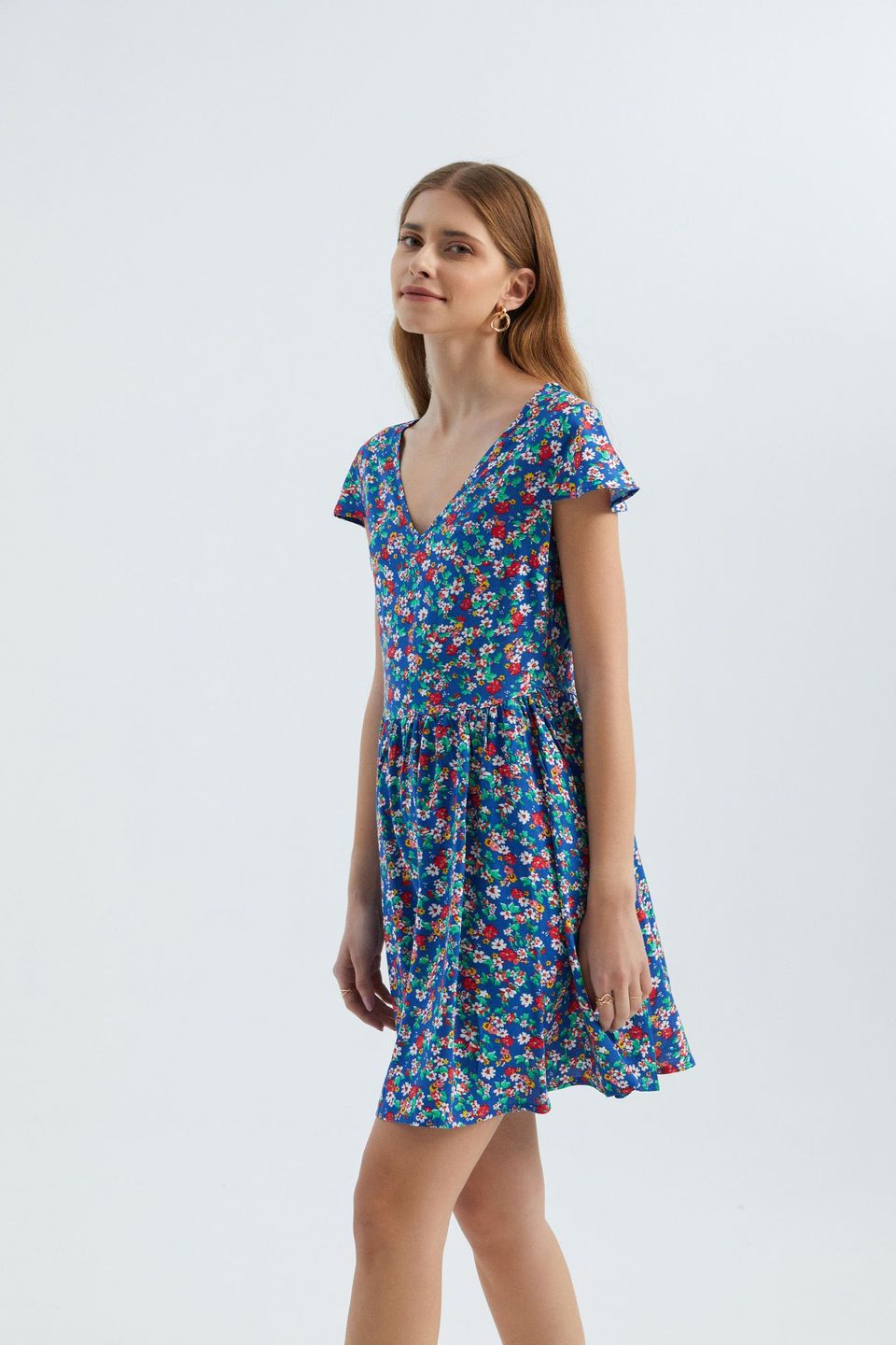 Floral V Neck Short Sleeve Mini Dress