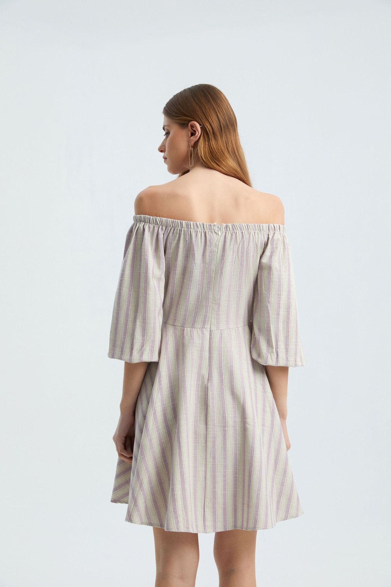 Striped Off Shoulder Balloon Sleeves Mini Dress